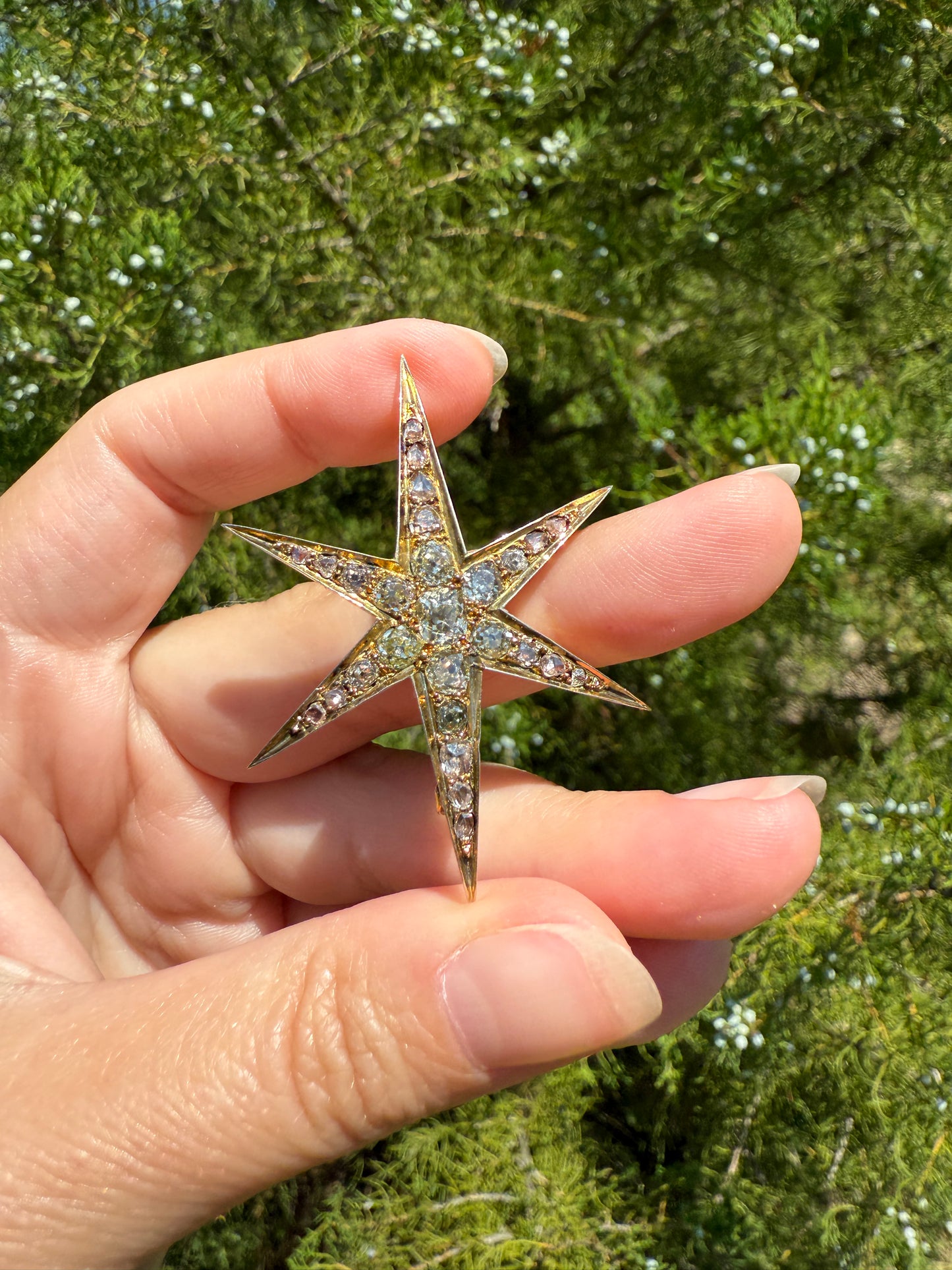 Mega STAR Antique 2.5 Carat 27 Rose Old Mine Cut DIAMOND Cluster Pin Brooch for Pendant Gilt Metal & 10k Gold