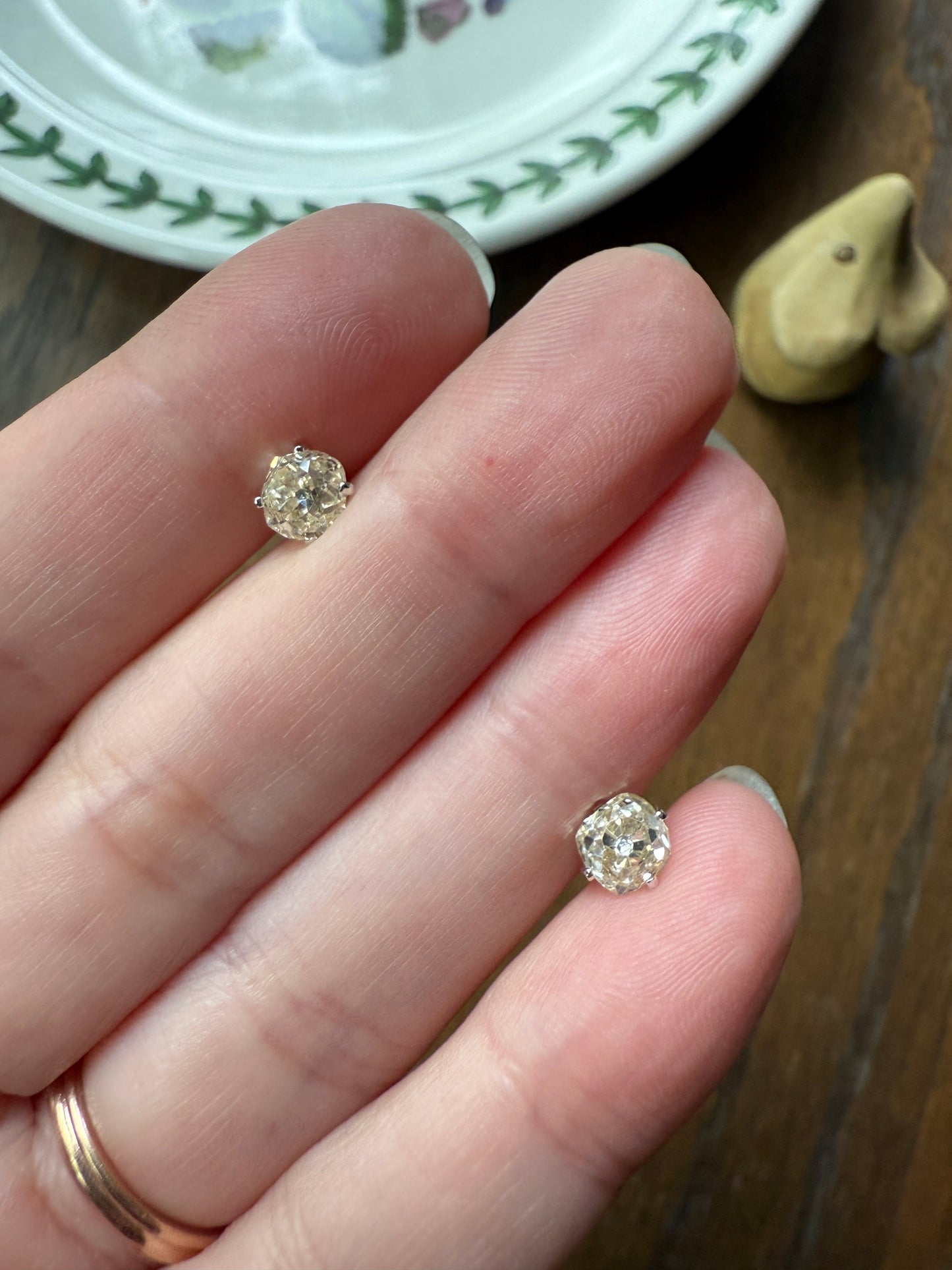 Old Mine Cut 1.3 Carat Tdw DIAMOND Stud Earrings French 18k White GOLD Warm Chunky Antique Stones Later Prong Set