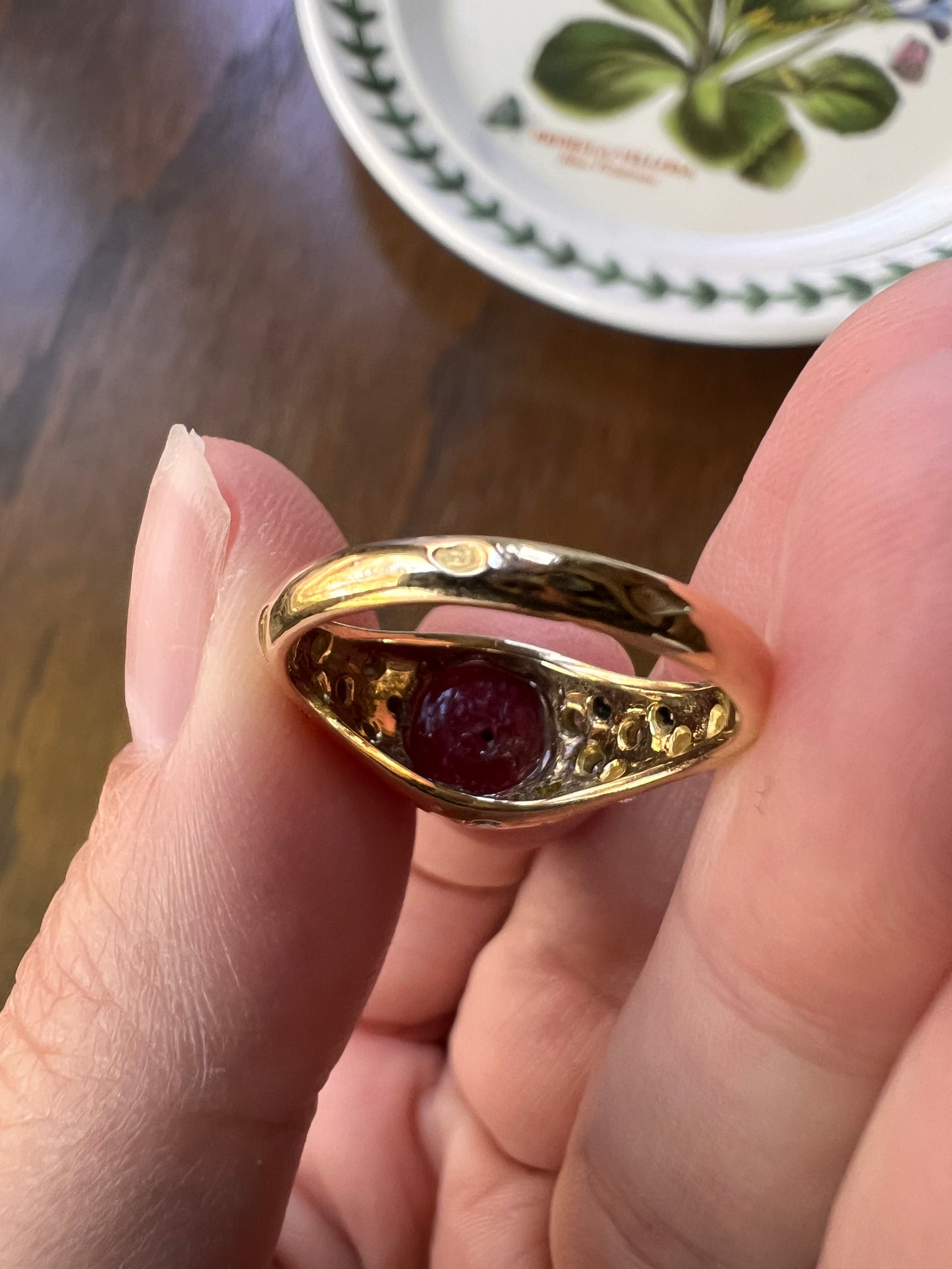 Tall Vintage Pink Ruby Diamond Encrusted Domed Gypsy Ring 18k Gold French Glowing Cabochon