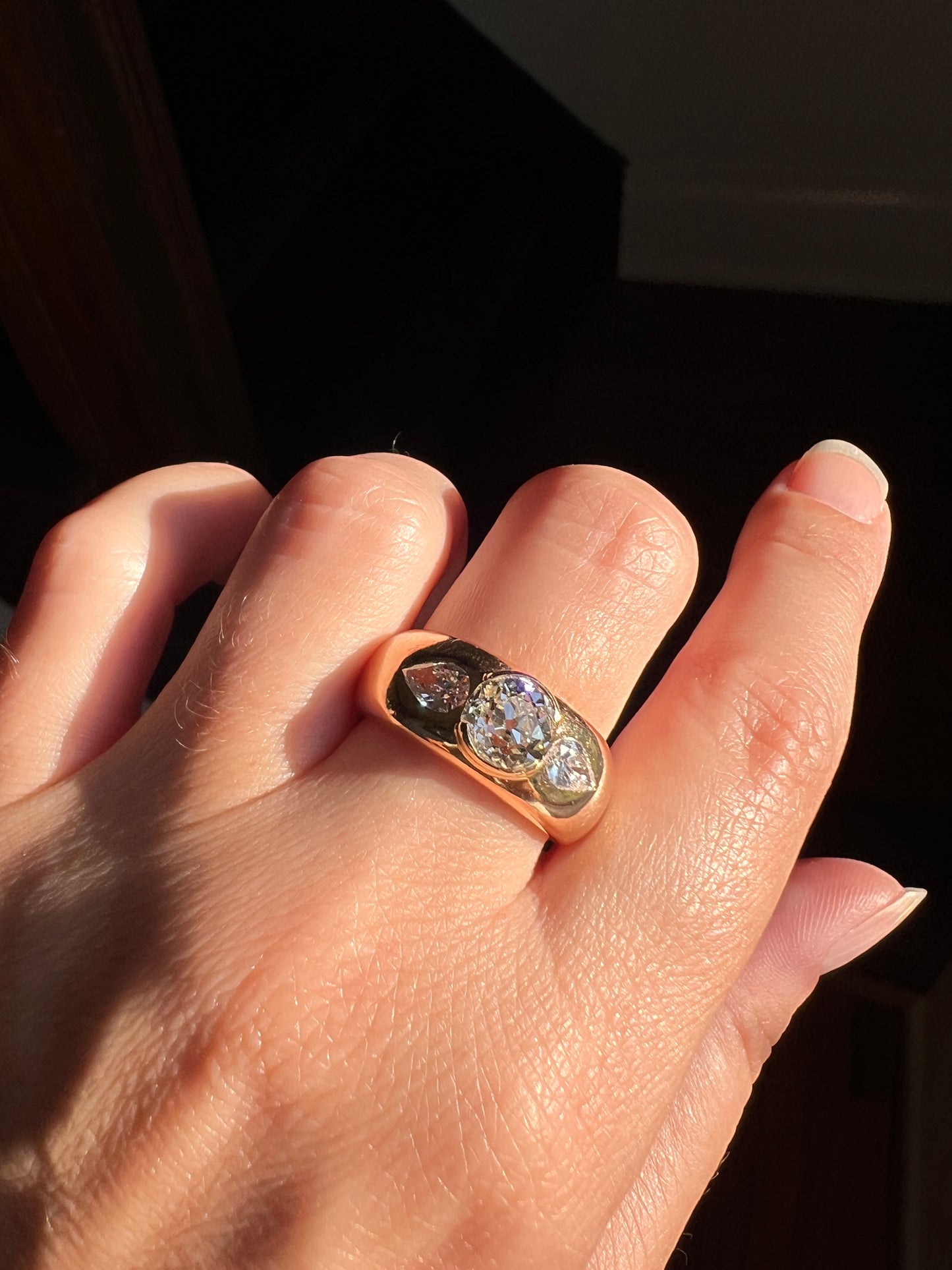 Chunky 1.75 Carat Old Mine Cut DIAMOND Pear Gypsy Ring 10g 18k Gold HEAVY Vintage Stacker 9mm Wide Gypsy Band