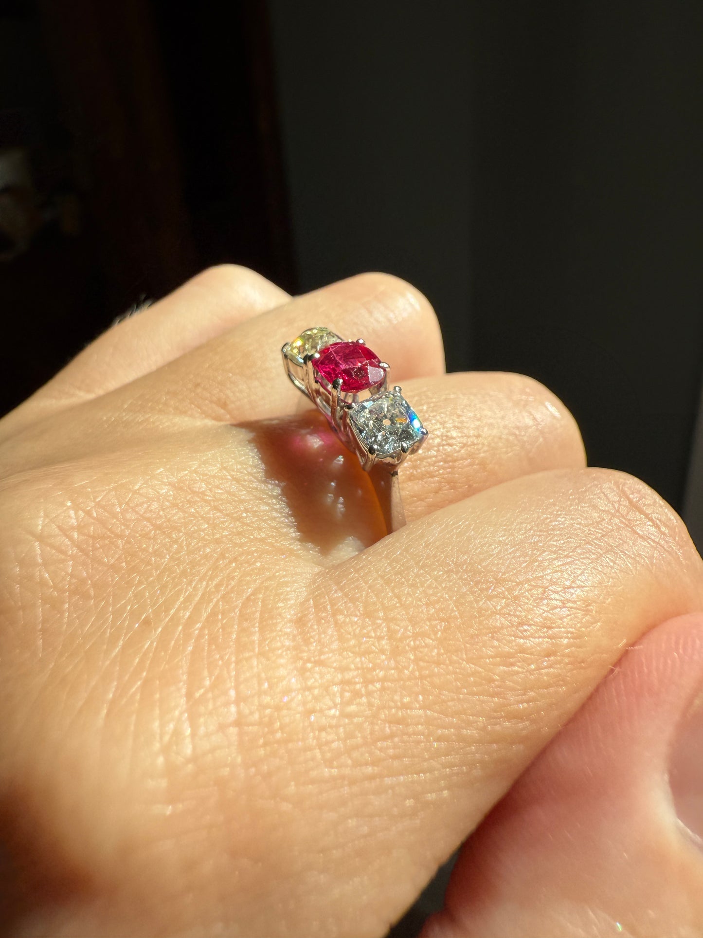 TALL Three Stone Square Old Mine Cut DIAMOND Natural Ruby 18k White Gold Ring Unique Stacker Setting Stackable Pinkish Red