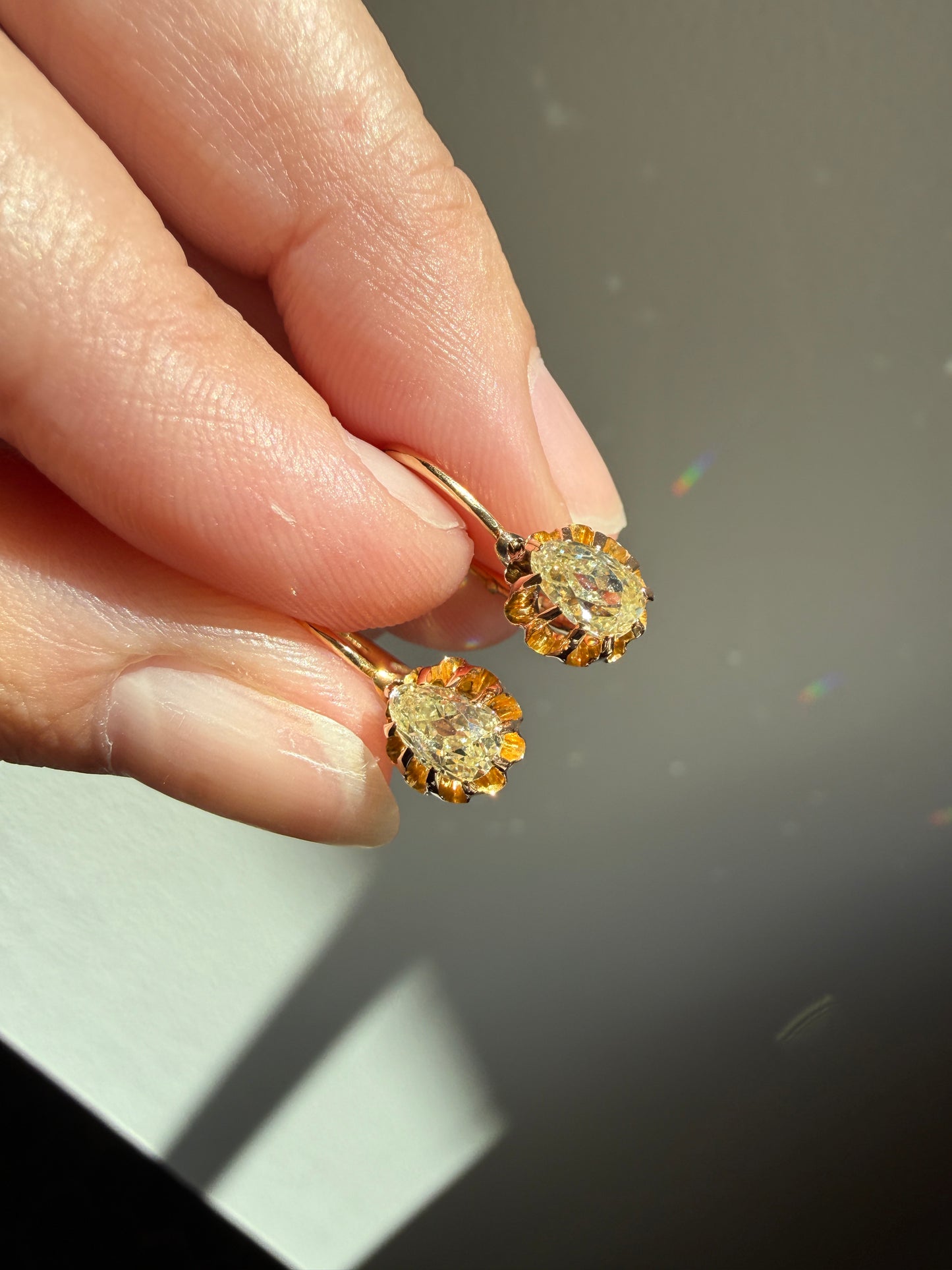 Rare PEAR Pale Yellow Old Mine Cut ANTIQUE One Carat Diamond Dormeuse Earrings 18k Gold Fixed Buttercup Setting Minimalist Sparkle Victorian