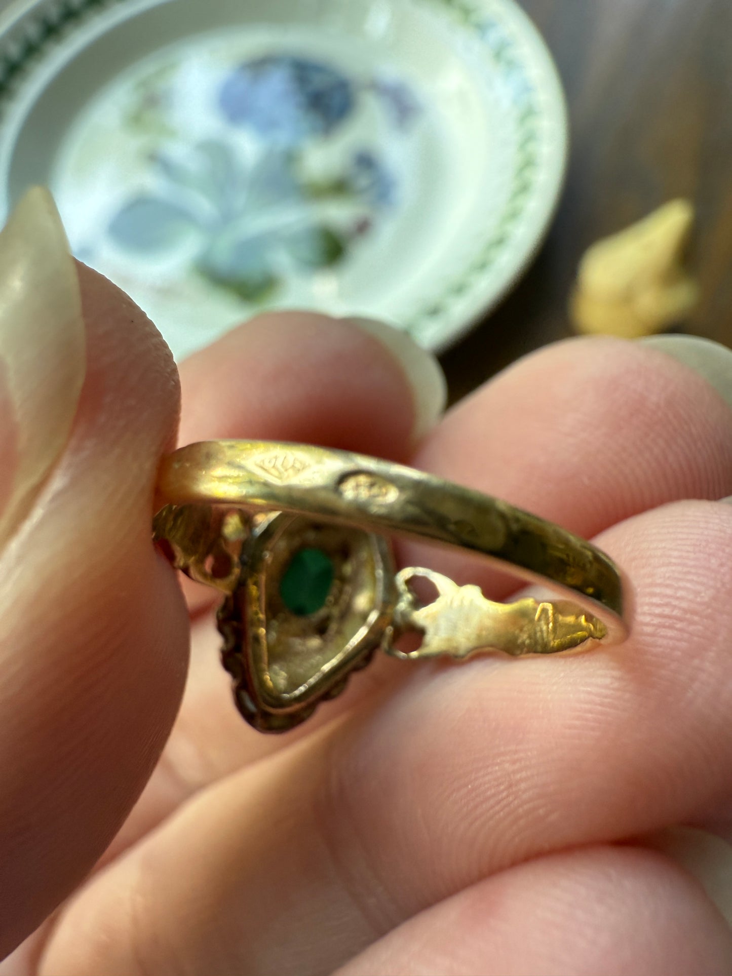 BOWS Green Spinel Rose Cut DIAMOND Cluster Halo French Antique Ring 18k Gold Victorian Art Nouveau Belle Epoque