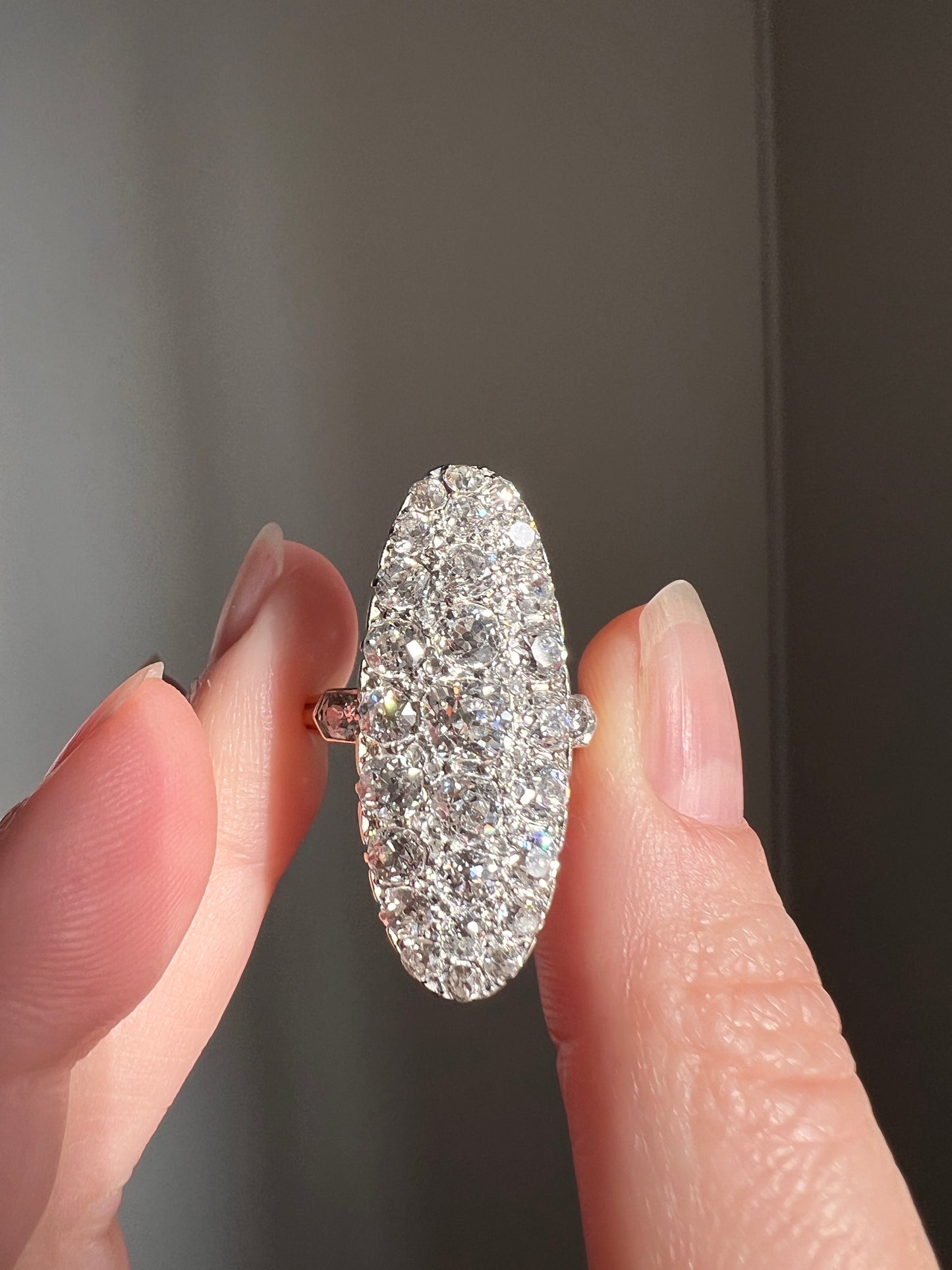 XL Oval French ANTIQUE 3.2 Carat 29 Old Mine Cut DIAMOND 15 Rose Cluster Ring
