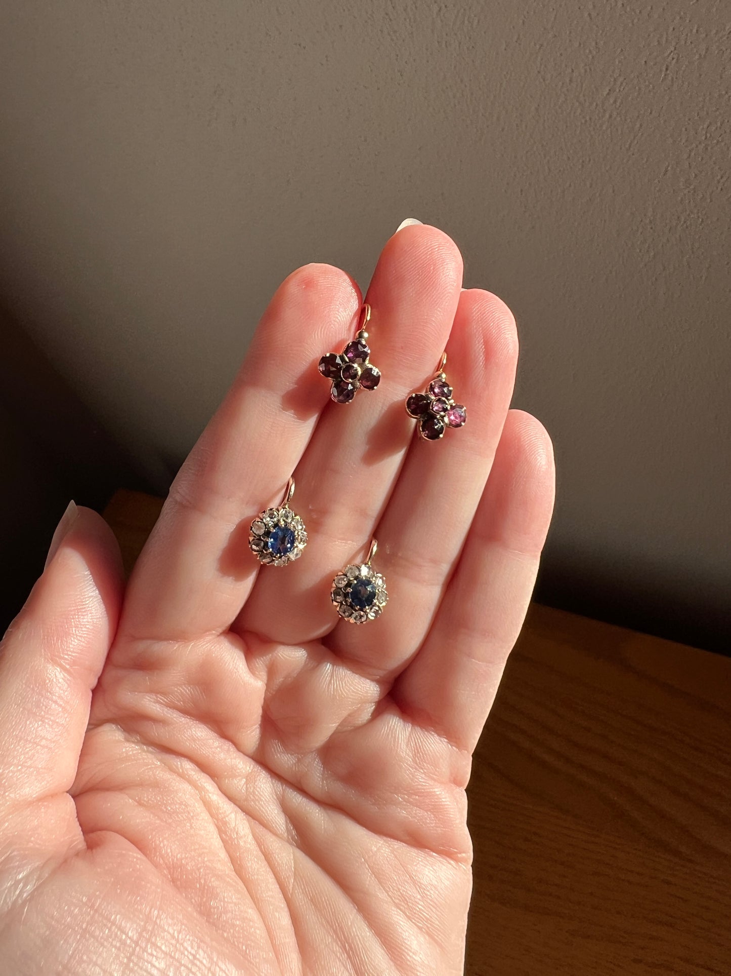 Antique Blue SAPPHIRE .7 Carat Rose Cut DIAMOND Halo Earrings 14k Gold Victorian Dangle Dormeuse Gift Bridal Something Old Blue Holiday Gift