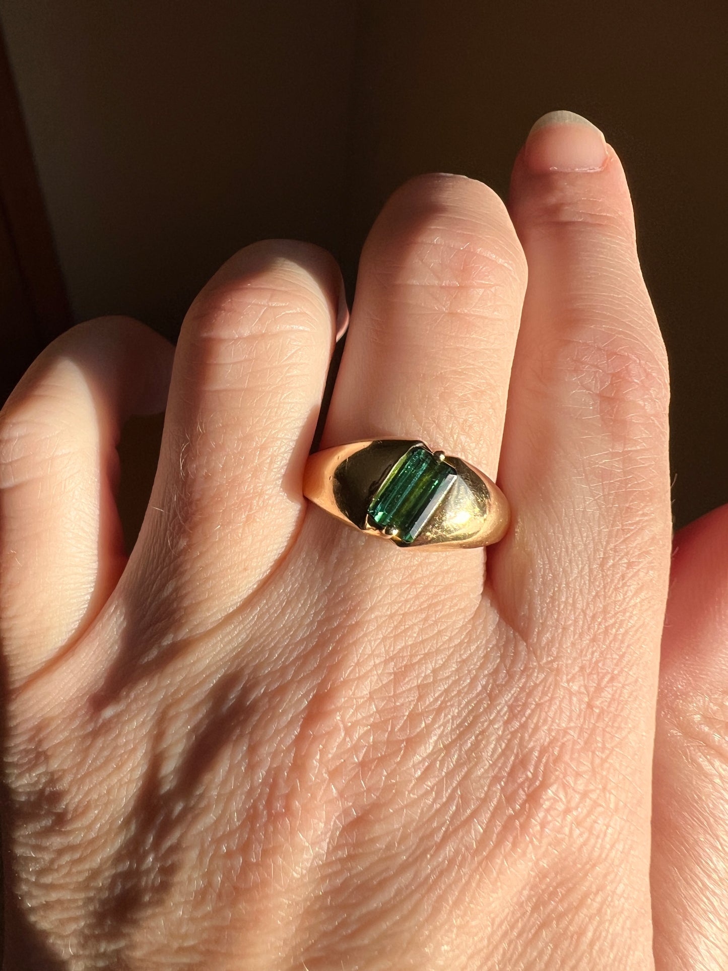 Angled Green TOURMALINE Geometric Gypsy Band Ring French Vintage 18k Gold Unisex