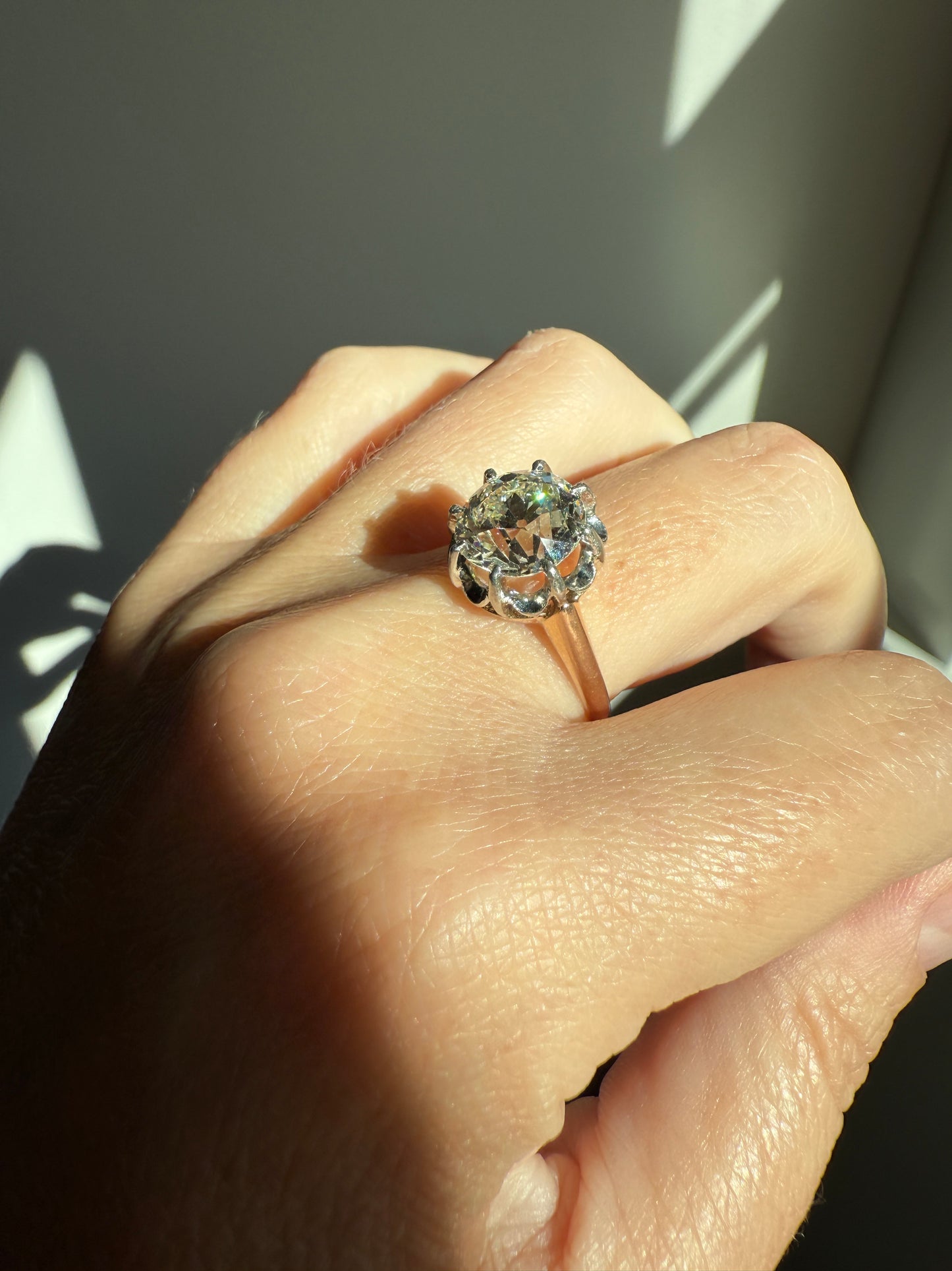 Special French Original Antique 3.5 CARAT Old European Cut DIAMOND Eye Clean Solitaire Engagement Ring 18k Rosy Gold Platinum Fiery OEC