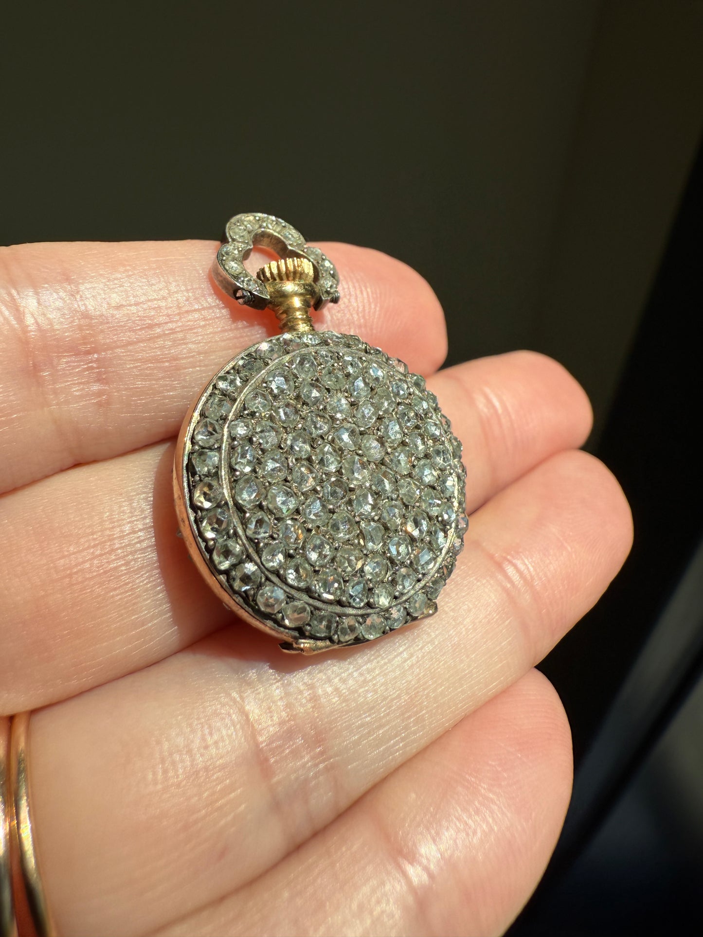 ENTIRELY DIAMOND Encrusted French VICTORIAN Era Chunky Rose Cut Diamond Antique 18k Gold Silver Pocket Watch Case Pendant Locket Rare Gift