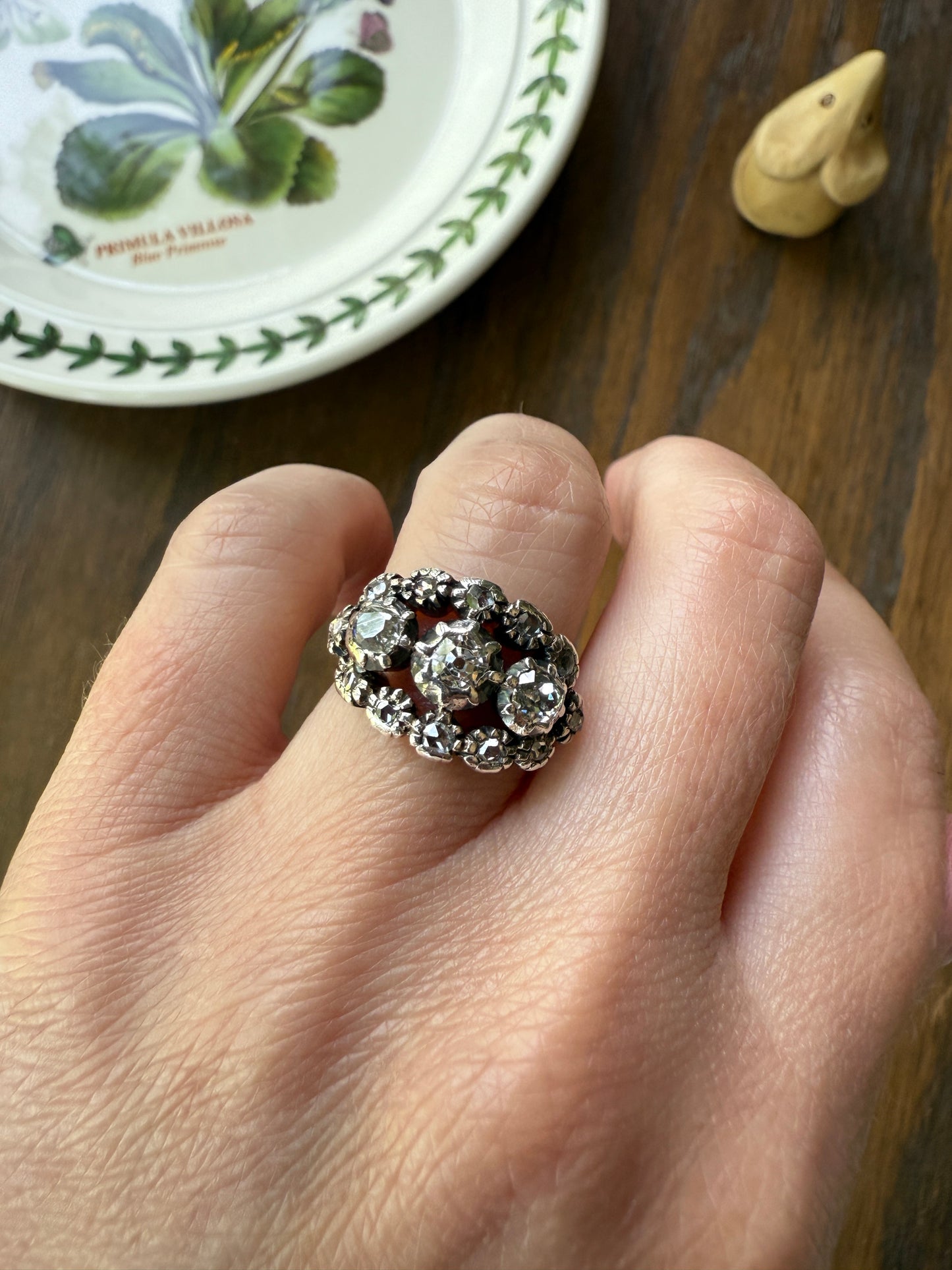 GEORGIAN Era Antique 1.5 Carat Spanish Iberian Triple Row Old Mine Rose Cut Diamond Ring Engraved Band 18k Gold Silver Collet