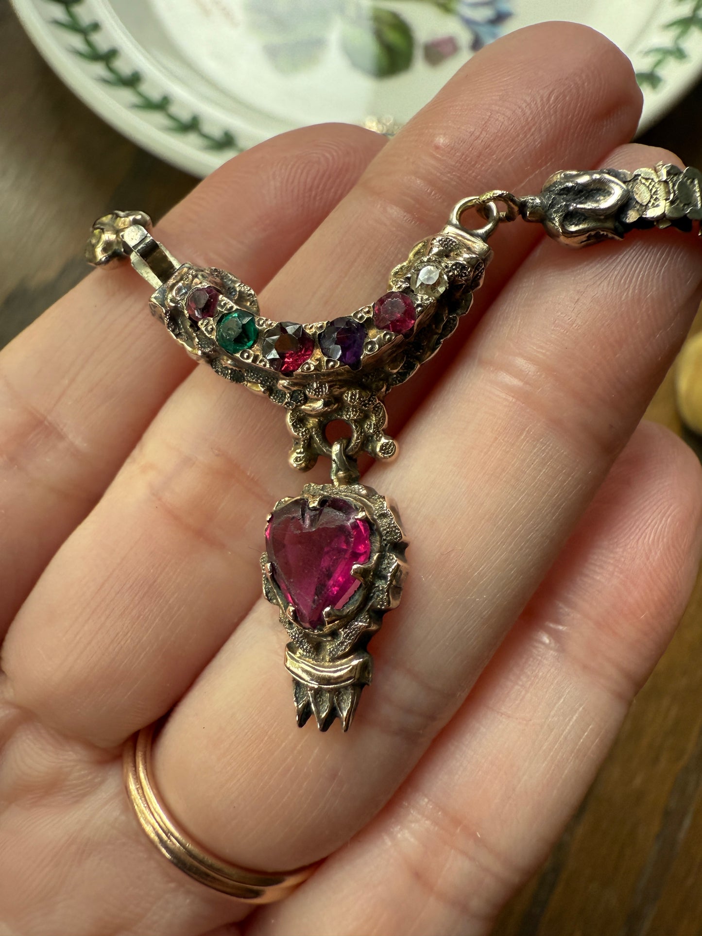 REGARD Old Mine Cut Diamond Amethyst Garnet Paste HEART Antique VICTORIAN Book Chain Necklace Pendant 10k Pale Gold