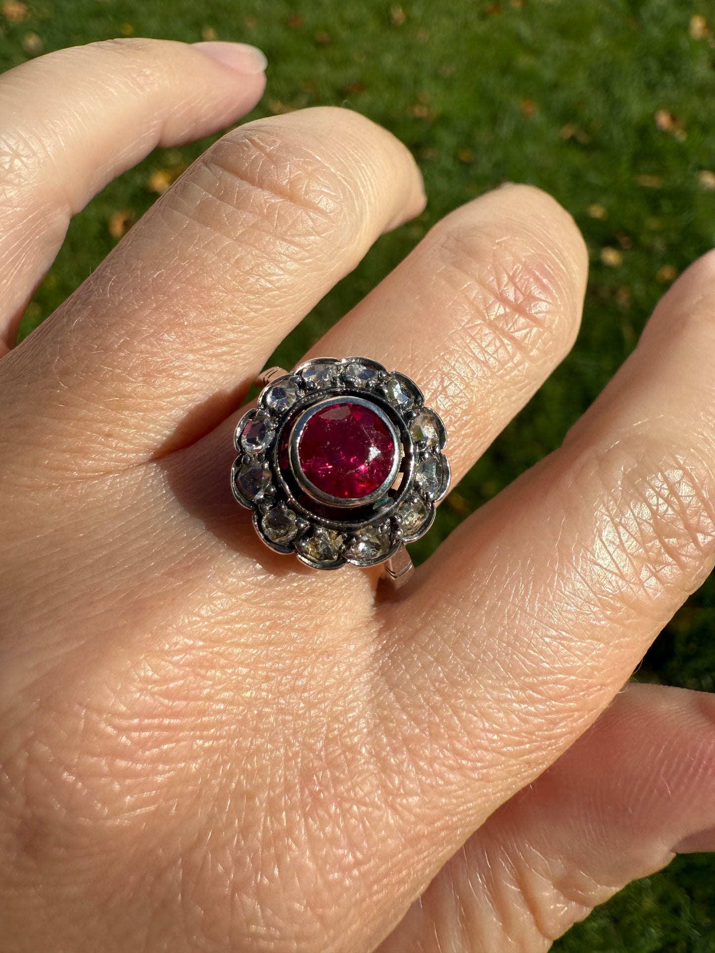 Antique Ruby & Rose Cut Diamond Halo Cluster Ring Pink Red Solid Silver French Edwardian Stacker