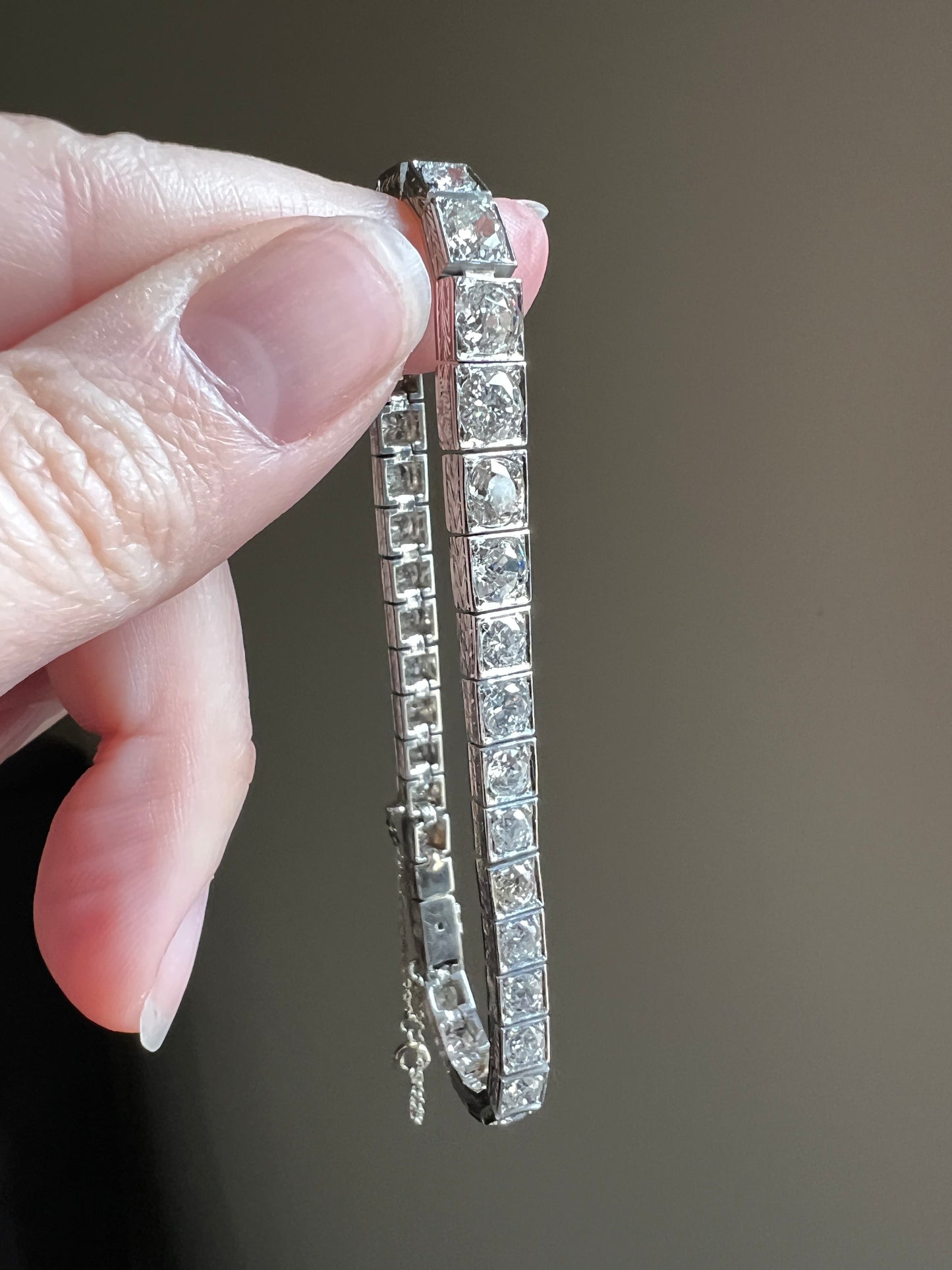 Antique 9.75 CARAT 38 Old European & Mine Cut DIAMOND Line Bracelet PLATINUM 18k White Gold French Geometric Engraved Tennis