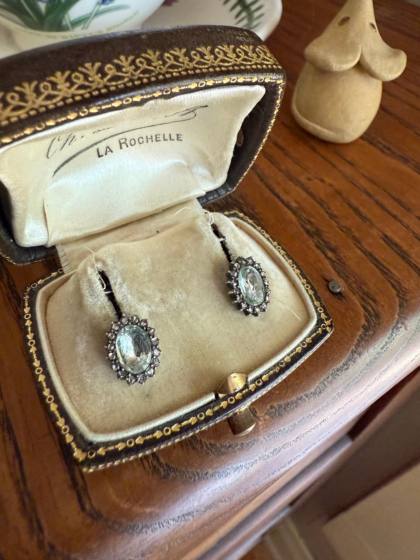 Antique Blue Green AQUAMARINE Rose Cut Diamond Halo STUD EARRINGS Georgian Victorian 18k 14k Gold