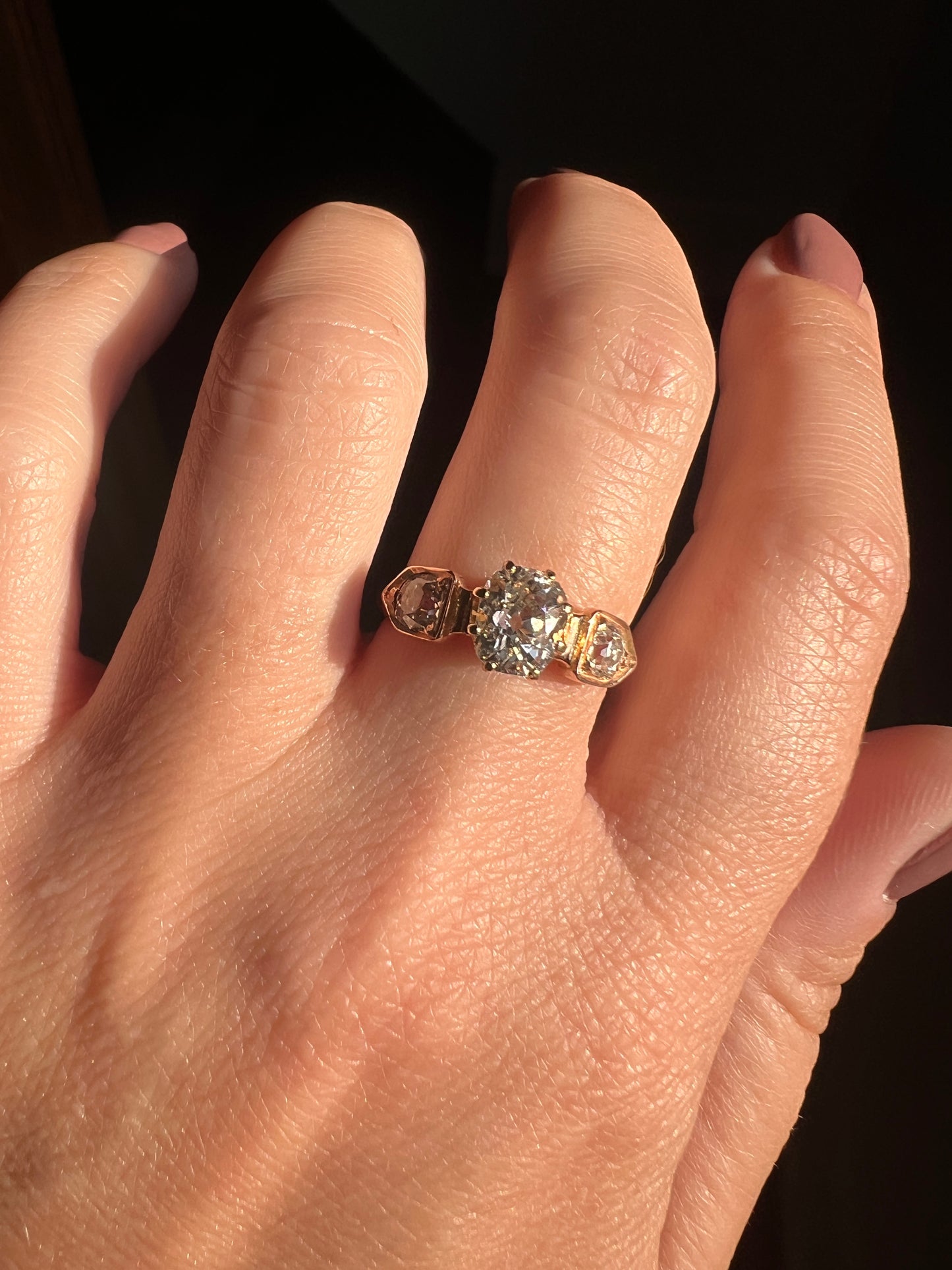 Antique 1.4 CARAT Tdw Old Mine Cut DIAMOND Solitaire Engagement Ring w/ Accents 18k Rose Gold French Belle Epoque Stacker Three Stone OmC