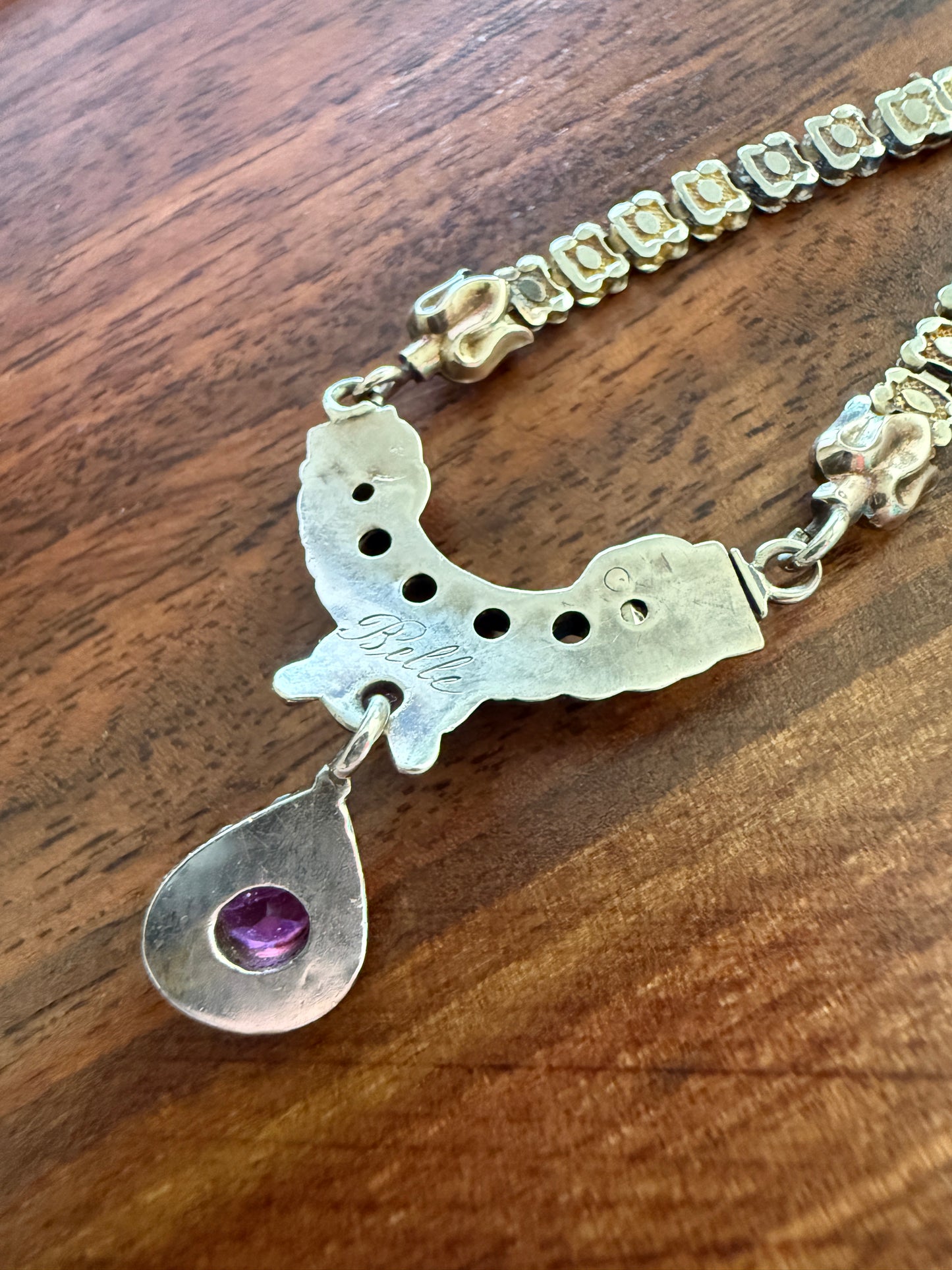 Belle's REGARD Rose Cut Diamond Paste Amethyst Garnet Emerald Antique VICTORIAN Book Chain Necklace Pendant 10k Pale Gold Figural Acrostic