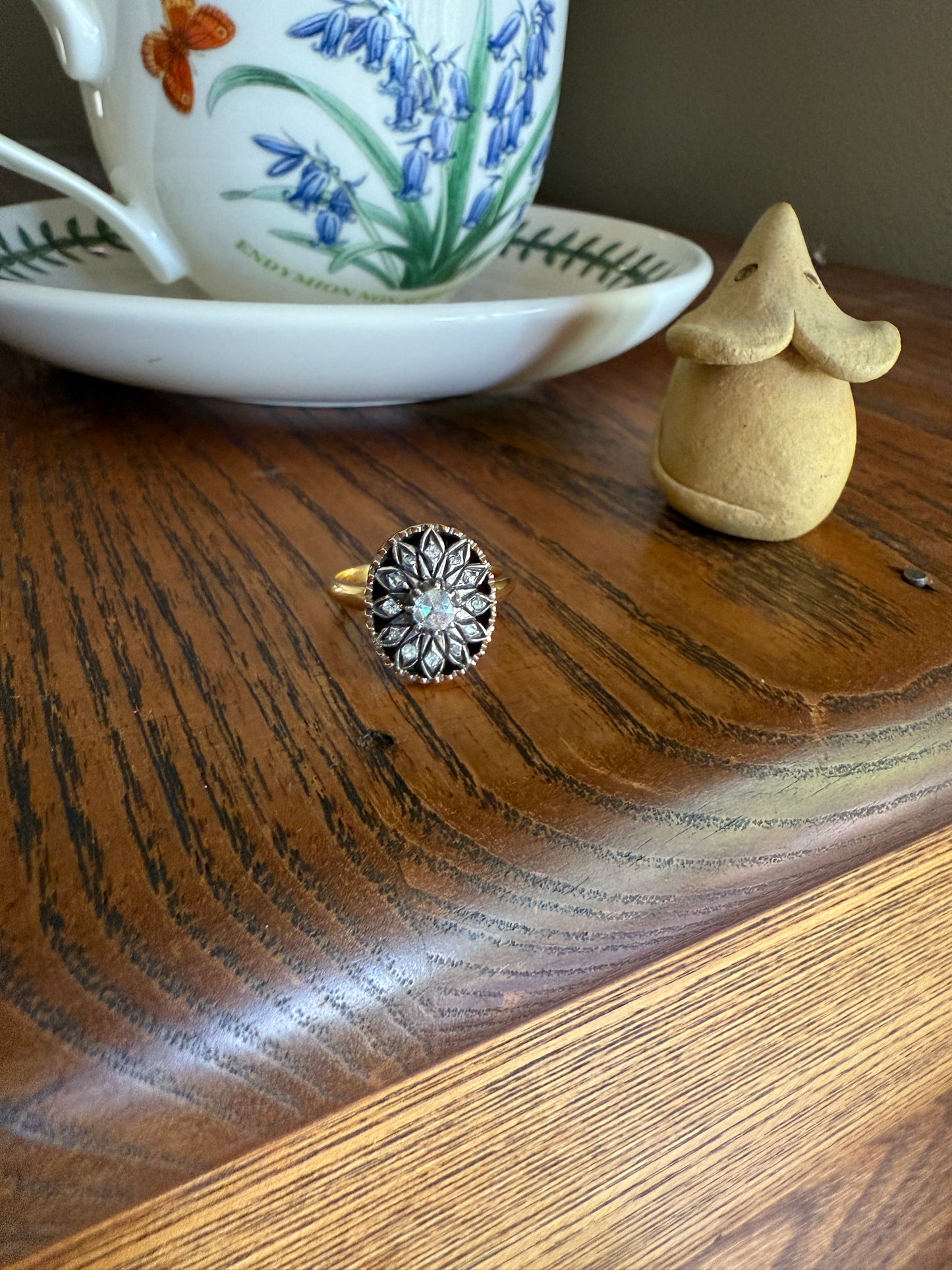 Georgian Era Antique Spanish Iberian Rose Cut Diamond Ring Oval Floral Sunburst Cupped Domed Back 18k Gold Silver