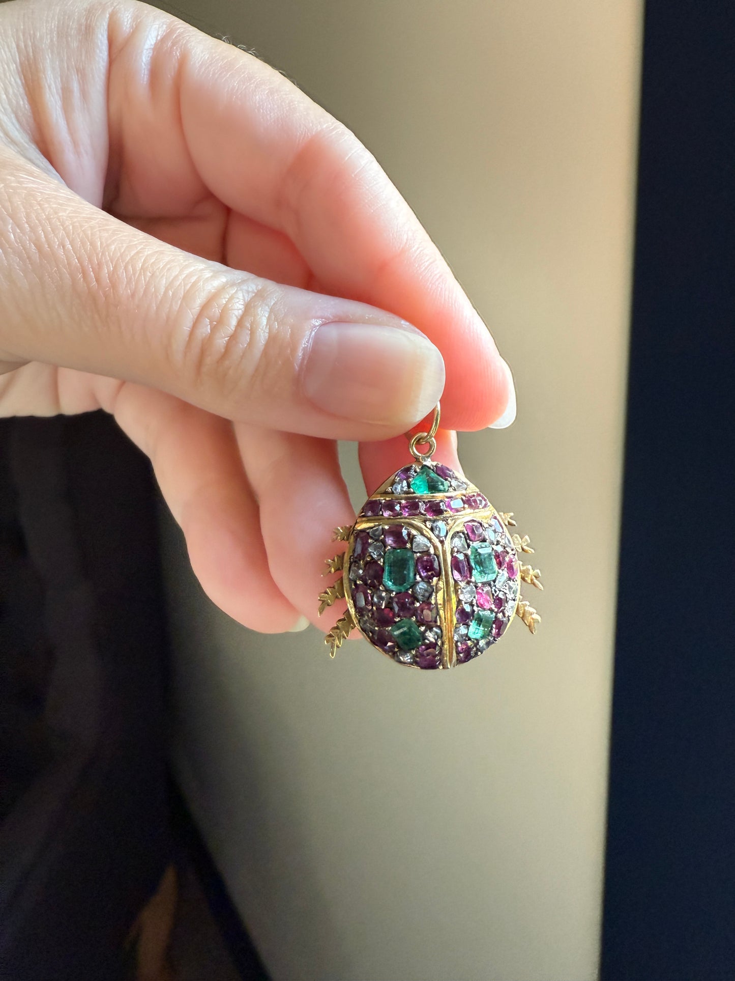 LADYBUG Large Antique Beetle Scarab Ruby Diamond Emerald Encrusted 14k Gold 3D Figural Pendant Domed Colorful Chunky