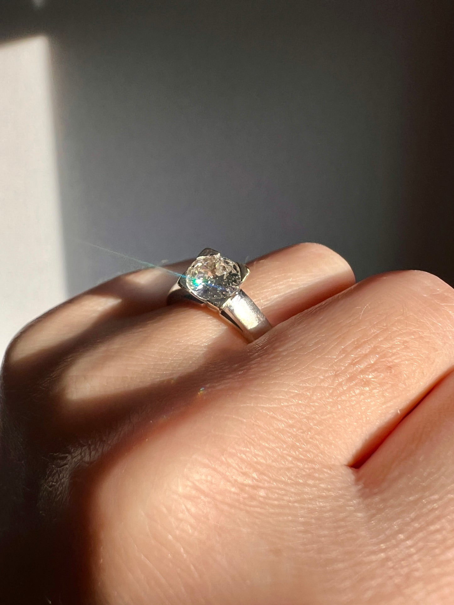 Chunky Antique 1.1 CARAT Eye CLEAN Old European Cut DIAMOND Square Setting Solitaire Engagement Ring 18k White Gold