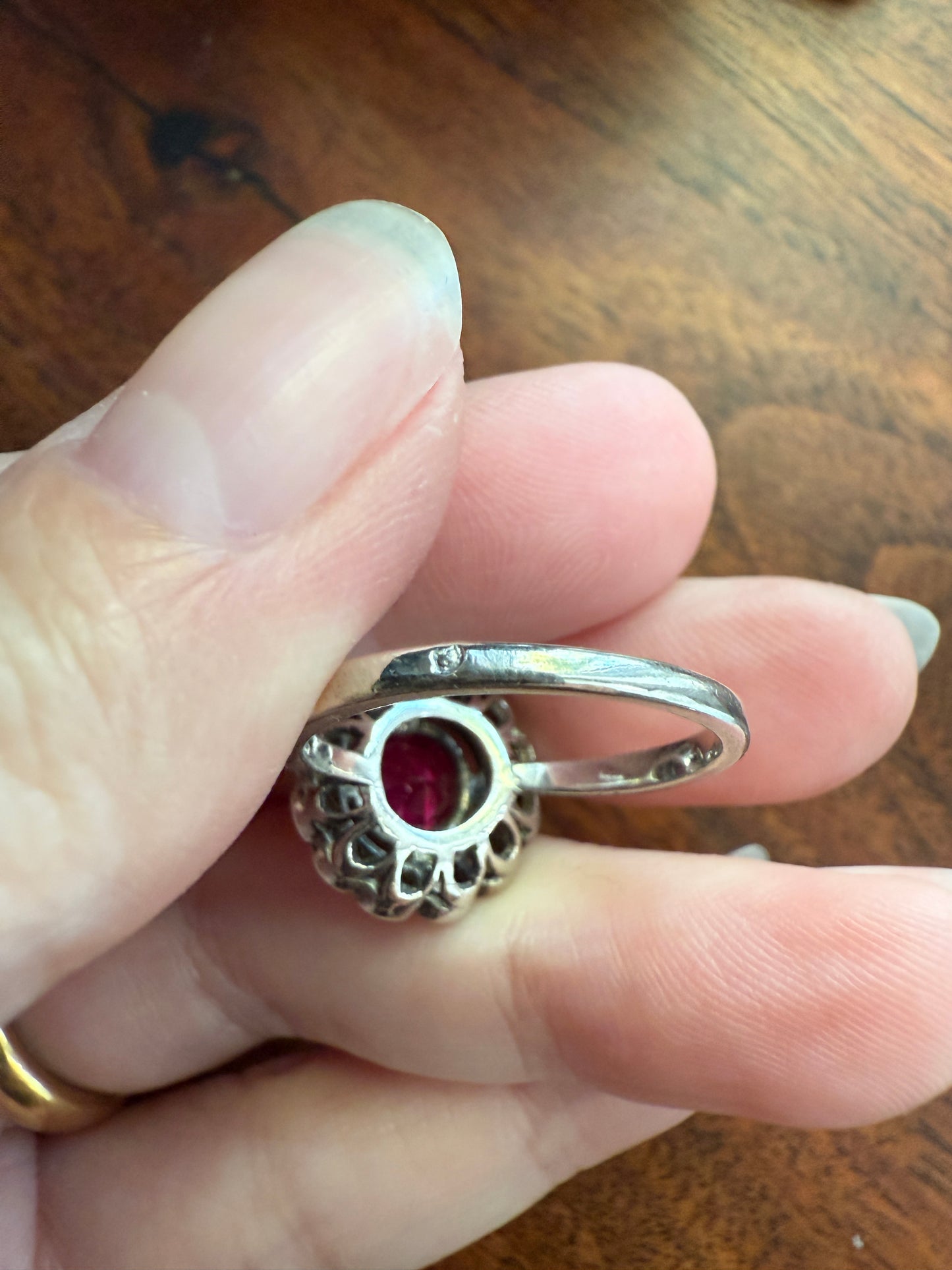 Antique Ruby & Rose Cut Diamond Halo Cluster Ring Pink Red Solid Silver French Edwardian Stacker