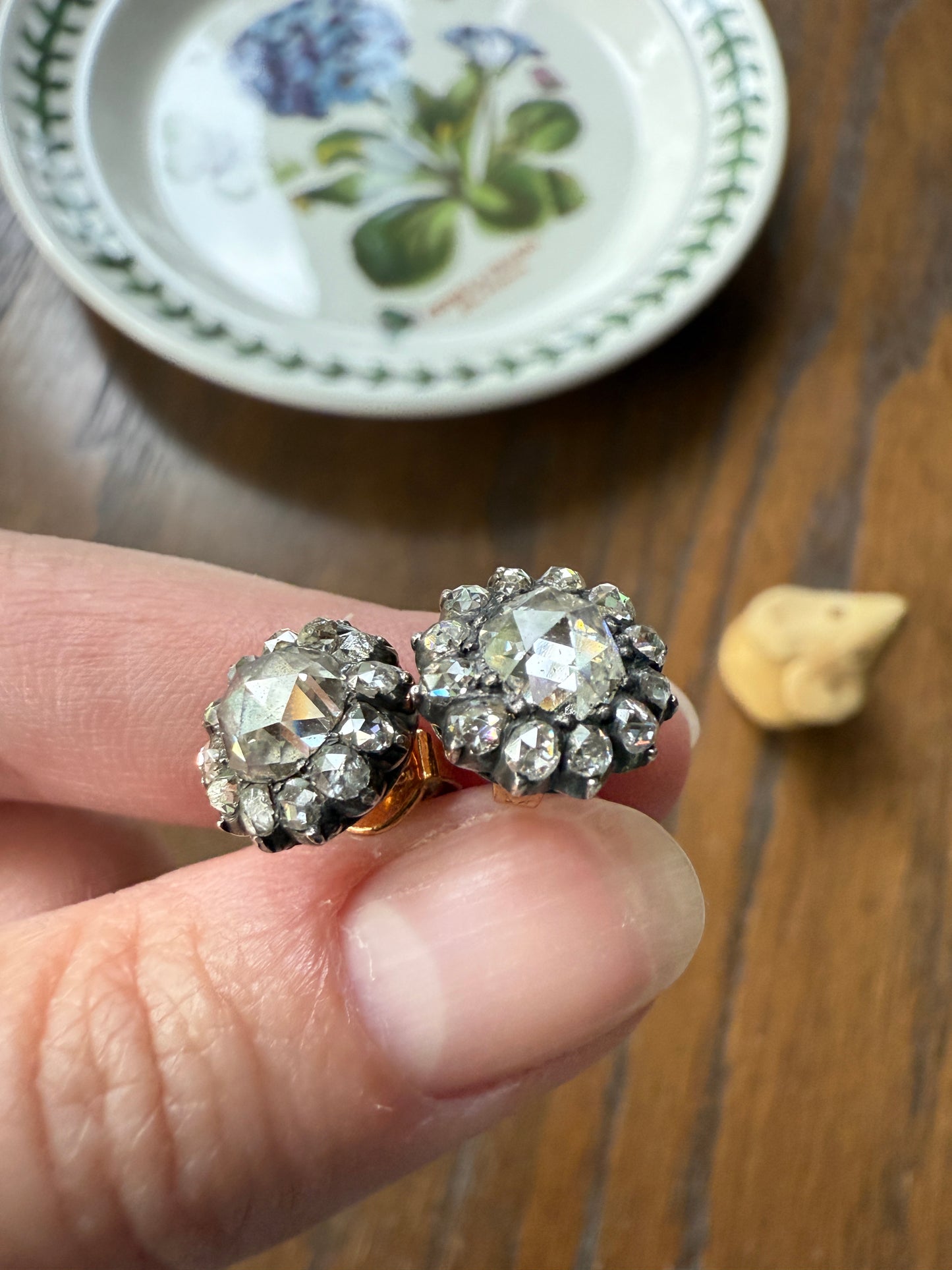 Gorgeous Rose Cut DIAMOND Cluster Stud Earrings Domed Disco Balls w/ Halo 14k Gold Silver Chunky Foiled Stones
