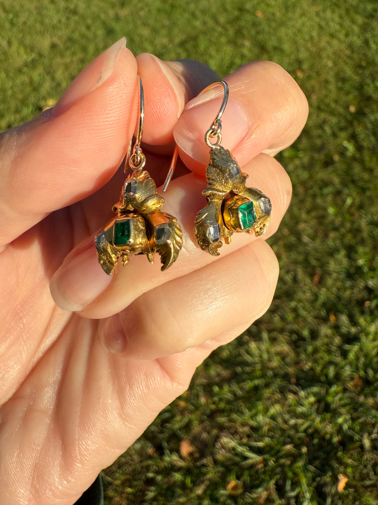 Antique EMERALD Table Cut DIAMOND Enamel Backed 18k Gold & 14k Dangle EARRINGS Georgian Renaissance Revival Green One of a Kind