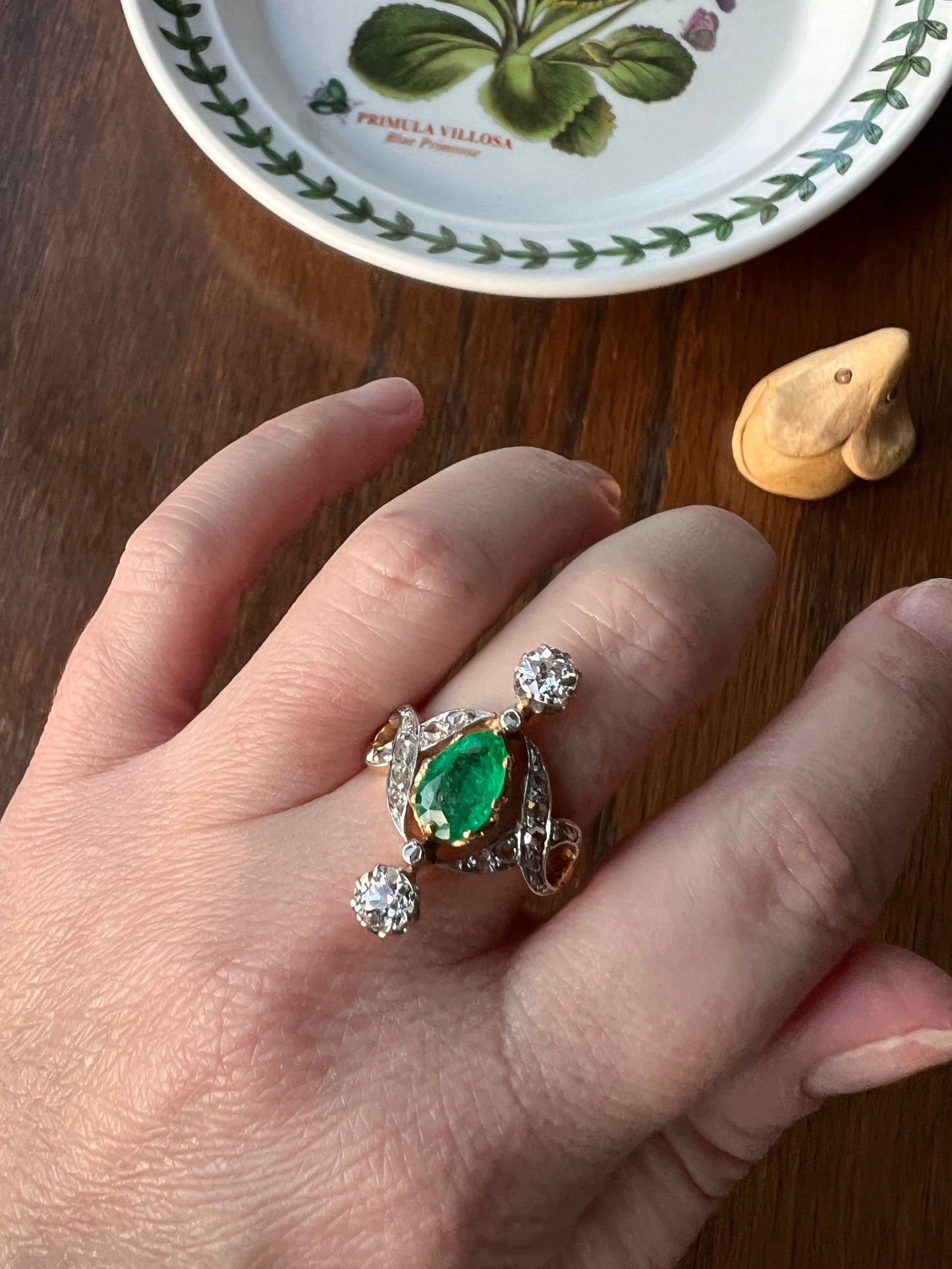 Antique Belle Epoque Pear EMERALD 1.5 Carat Rose Old Mine Cut Diamond XL Swirl Ring French 18k Gold