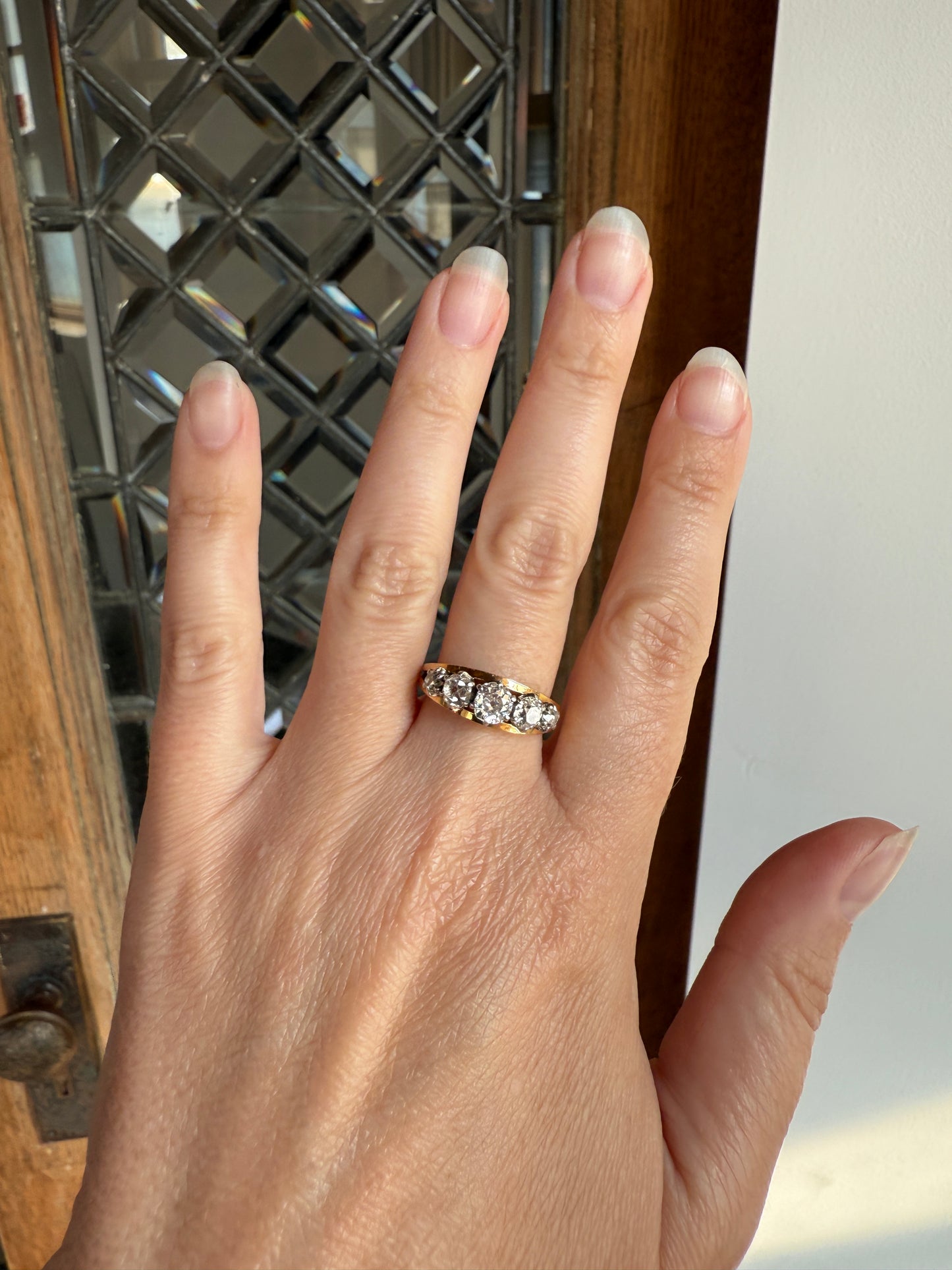 TALL French Vintage Ring 1.65 Carat Antique Old Mine Cut DIAMOND Five Stone Wide Band 18k Gold Platinum Solid Stacker Chunky