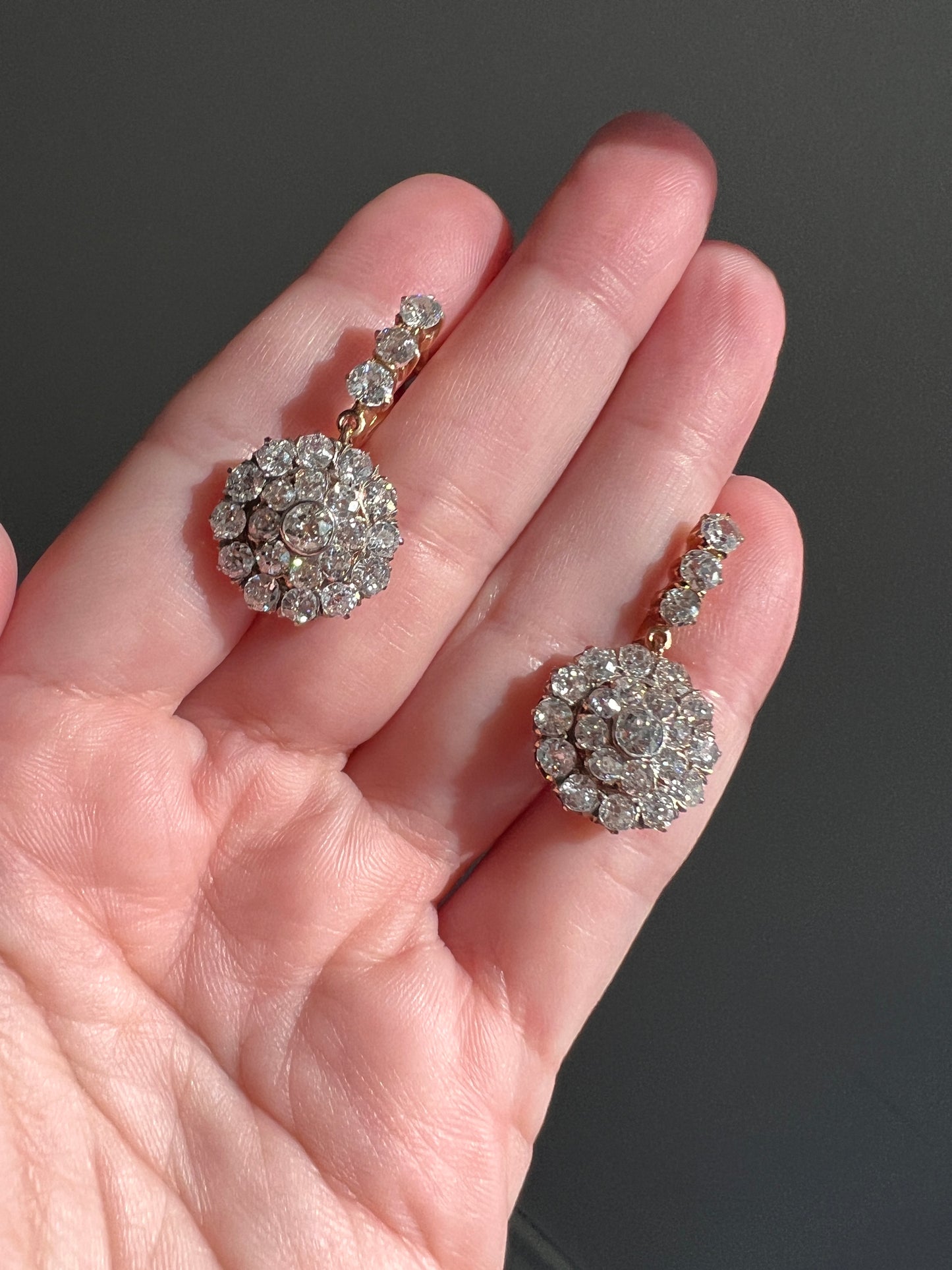 XL Antique 4 1/3 Carat Old Mine DIAMOND Cluster Dangle Earrings 18k Gold ViCTORIAN Bullseye Halo Drops