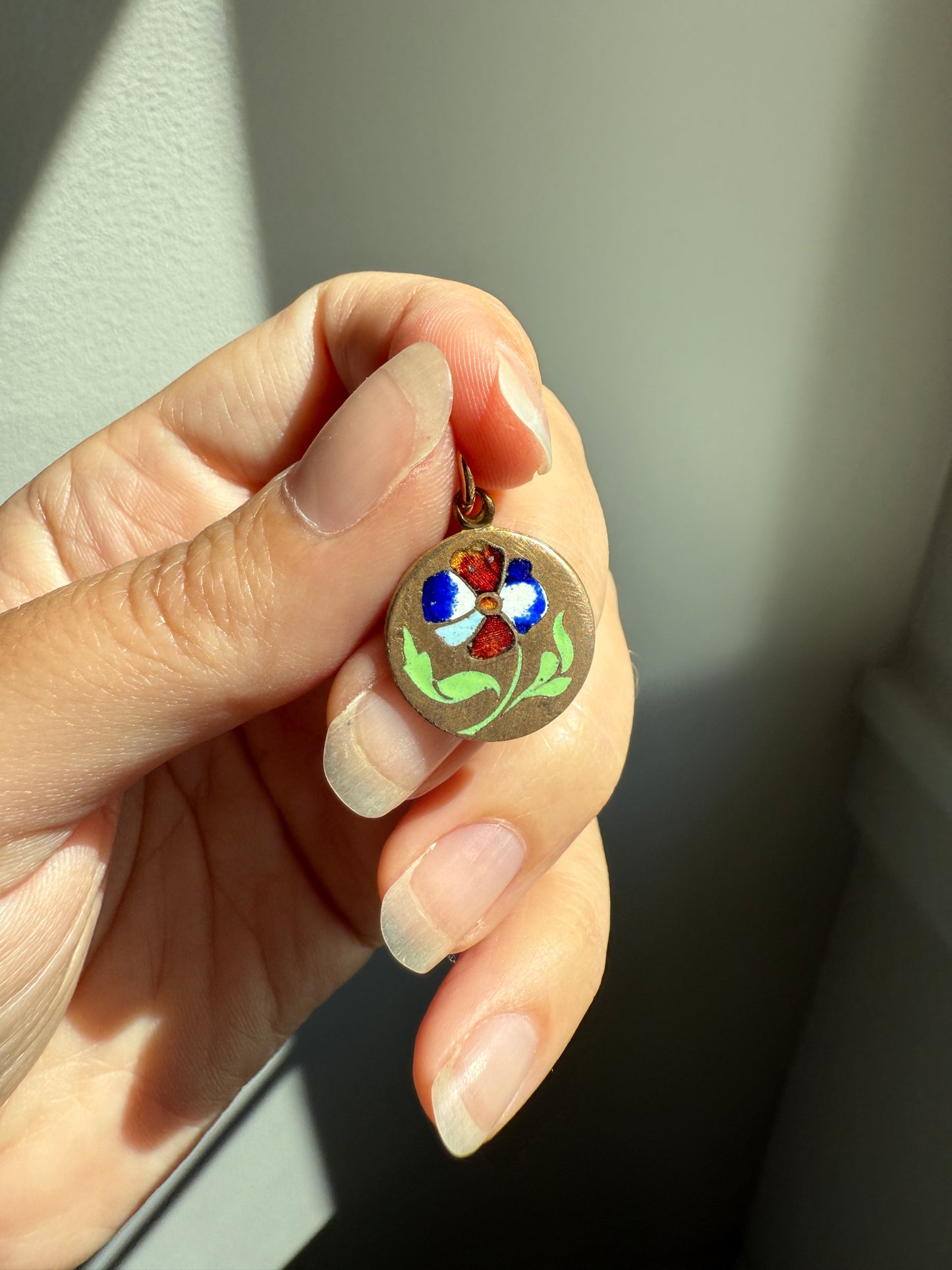 FLORAL Antique PANSY Enamel Flower Pendant Charm Victorian Enamel inlaid Brass Flower Medal Medallion Love Token Red Blue Green White
