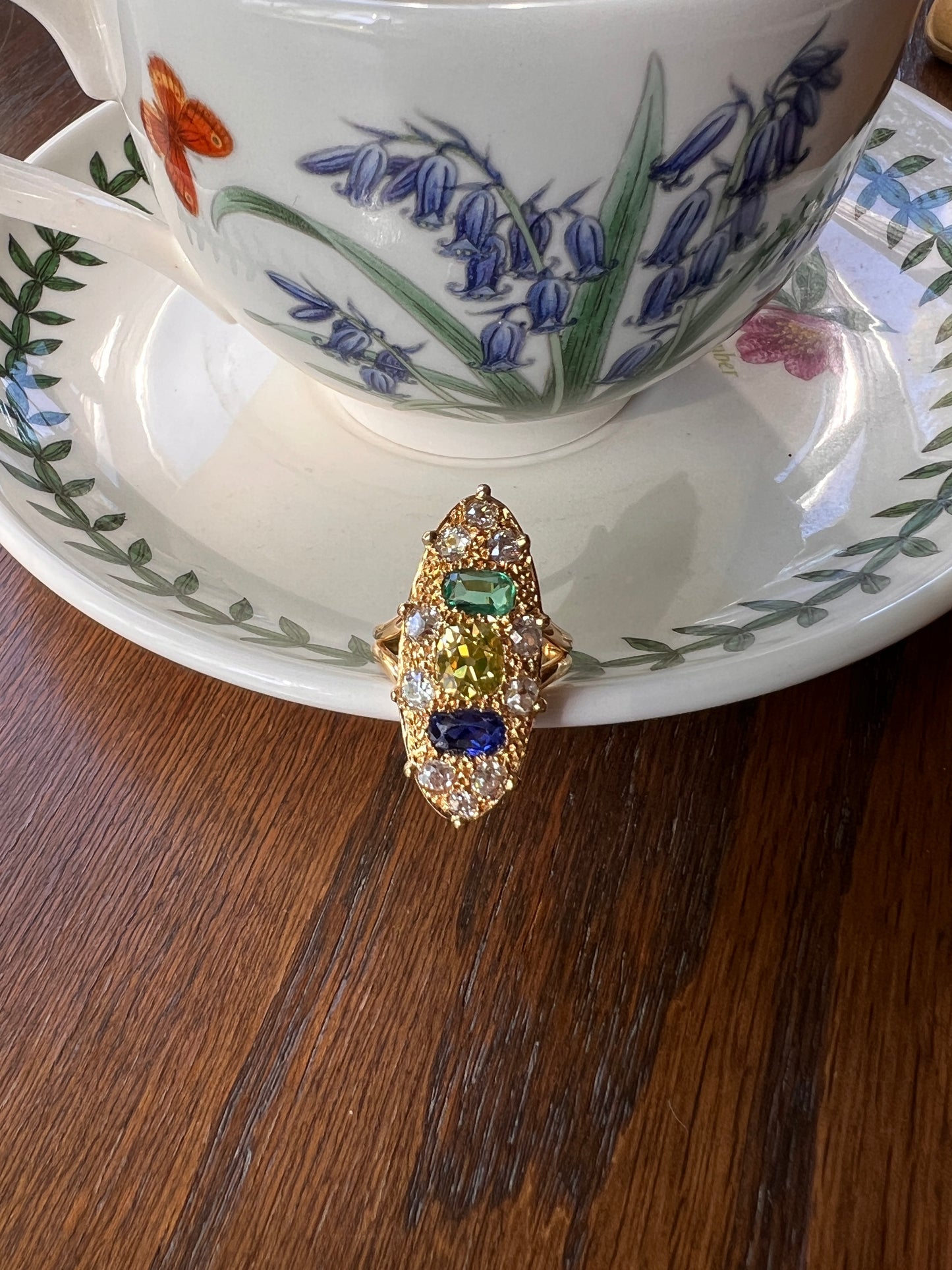Unique French Vintage Navette Ring 1.25 Carat Antique Eye Clean Fancy Intense Greenish YELLOW Old Mine Cut DIAMOND 2.35 Tdw Emerald Sapphire
