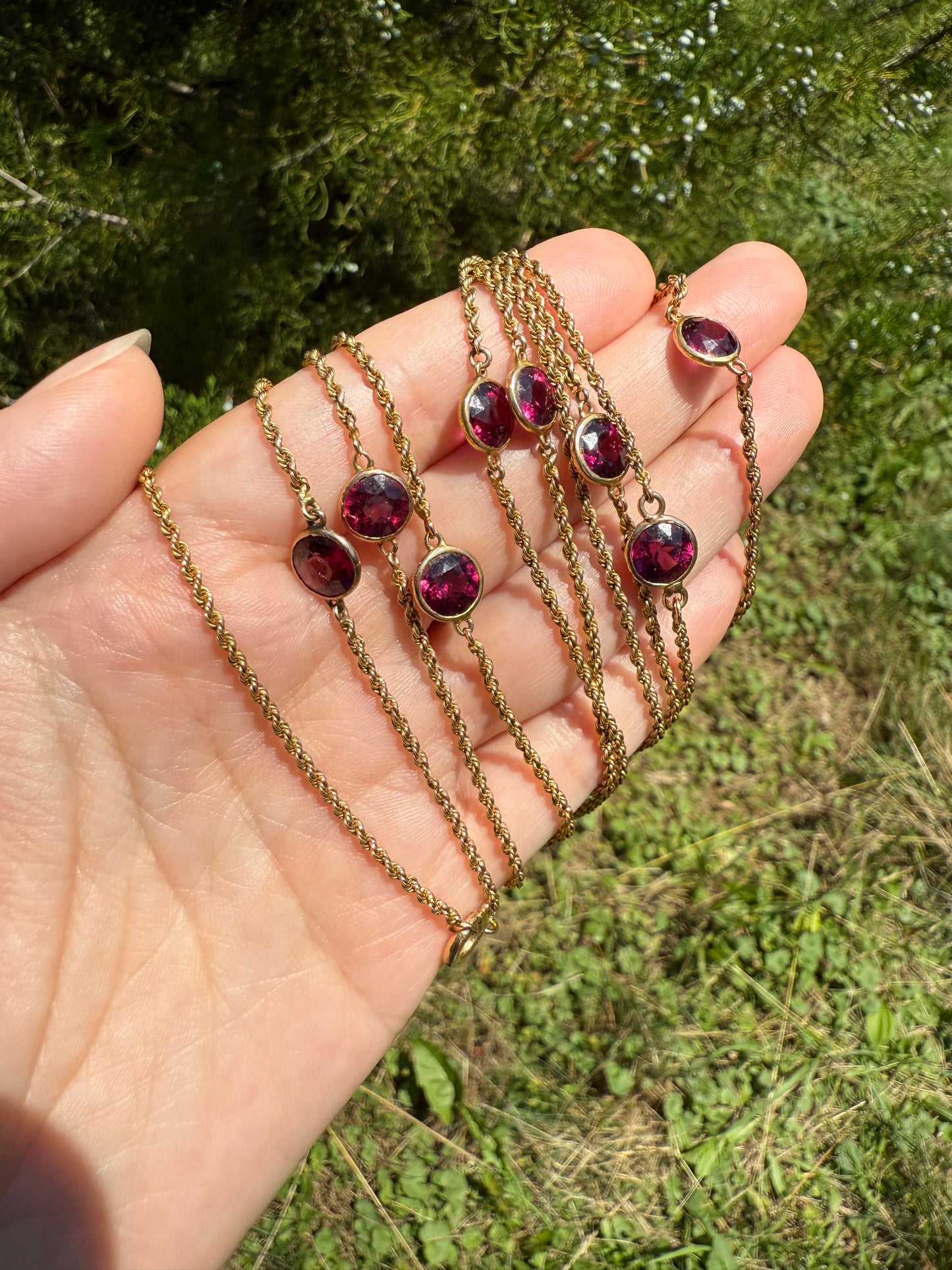 Victorian X Long Antique GARNET Station Chain Guard 67 Inch (!) 5.5 FEET 22g 14k GOLD Necklace Berry Pink Purple Neckmess Body Chain Gift