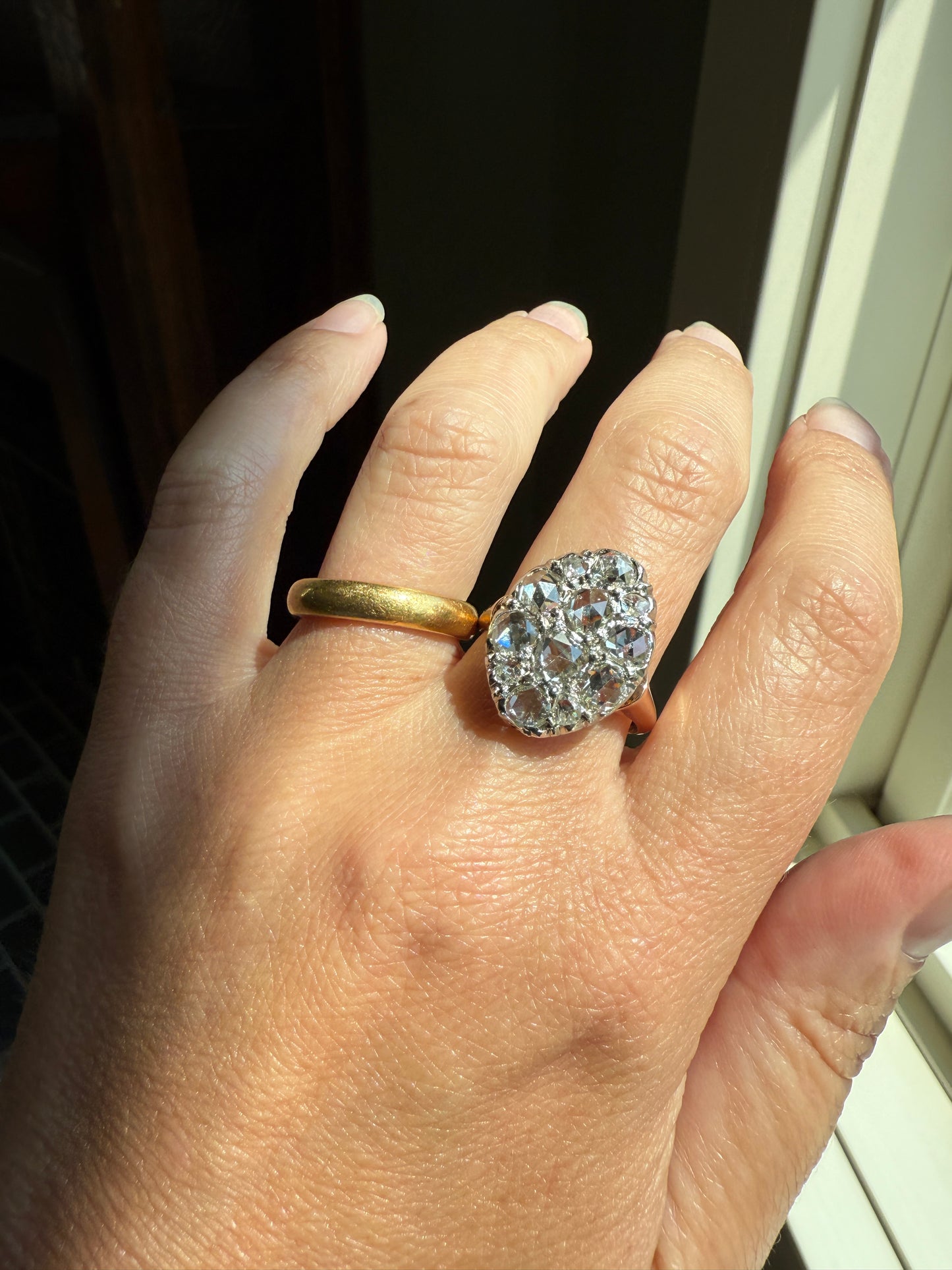 Extraordinary French Antique 3 Carat Scale Dutch Rose Cut DIAMOND 18k Gold Platinum Cluster Oval Stacker Rare Disco Ball Bauble