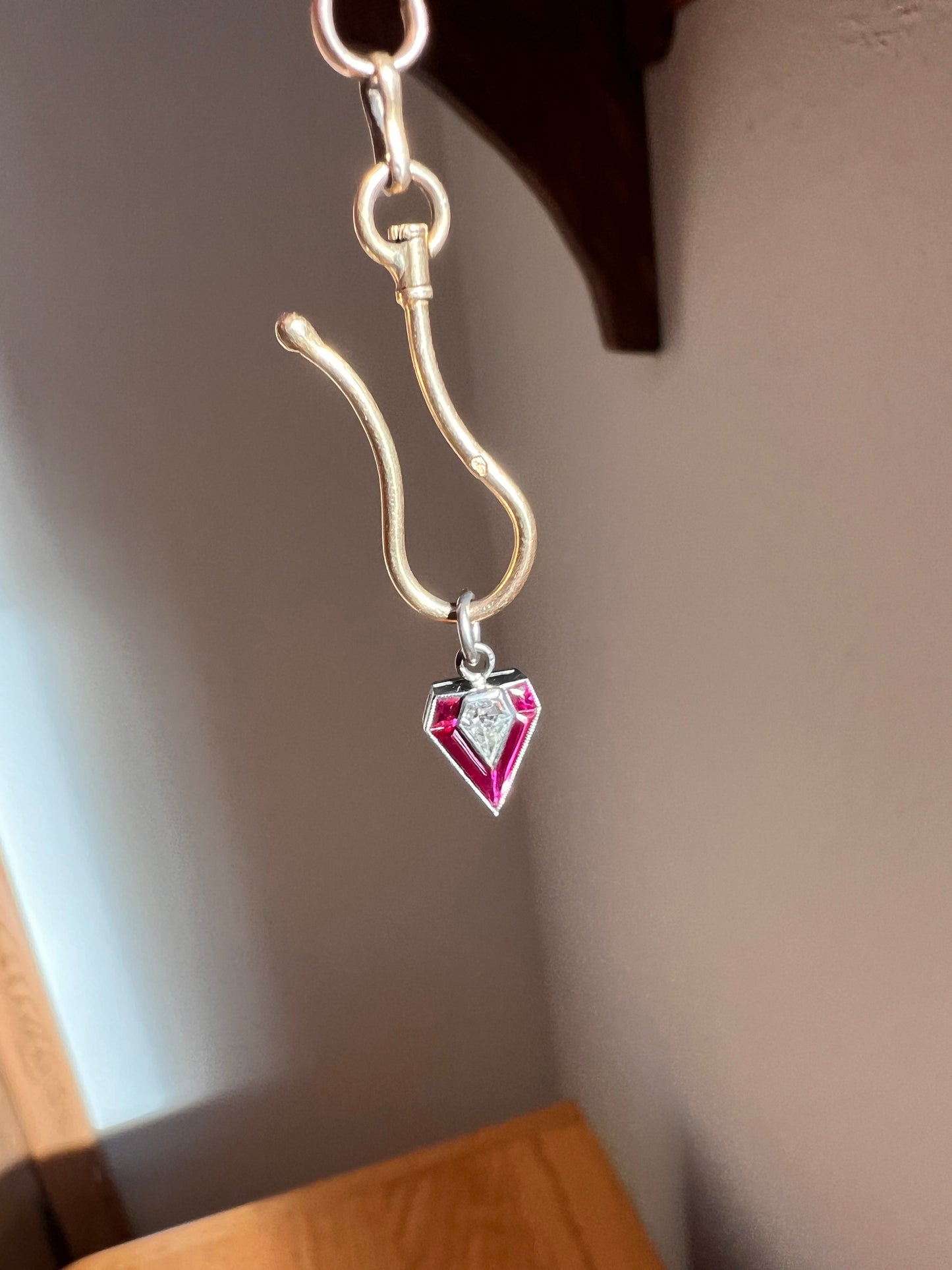 PENTAGON Antique RARE 5 Sided Shield Kite Lozenge Old Cut DIAMOND 18k White Gold Eye Clean Pendant Art Deco Pink Ruby Halo One of Kind Gift Charm