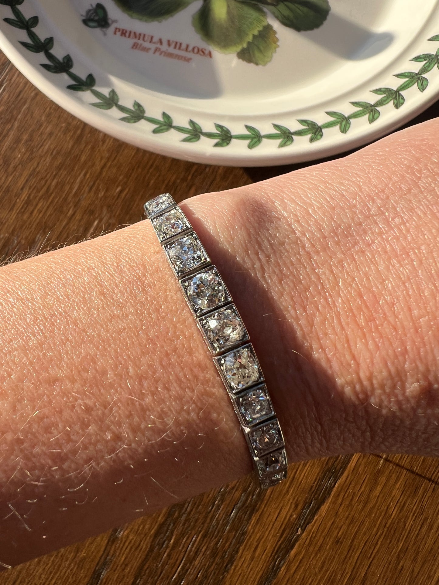 Antique 9.75 CARAT 38 Old European & Mine Cut DIAMOND Line Bracelet PLATINUM 18k White Gold French Geometric Engraved Tennis