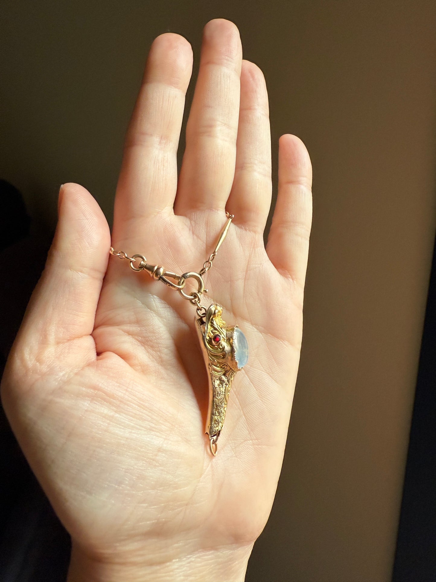 MOONSTONE Smiling SNAKE Large Victorian Antique Pendant CONNECTOR Extender Figural 10k Gold Solid Swivel Engraved Head Garnet Eyes