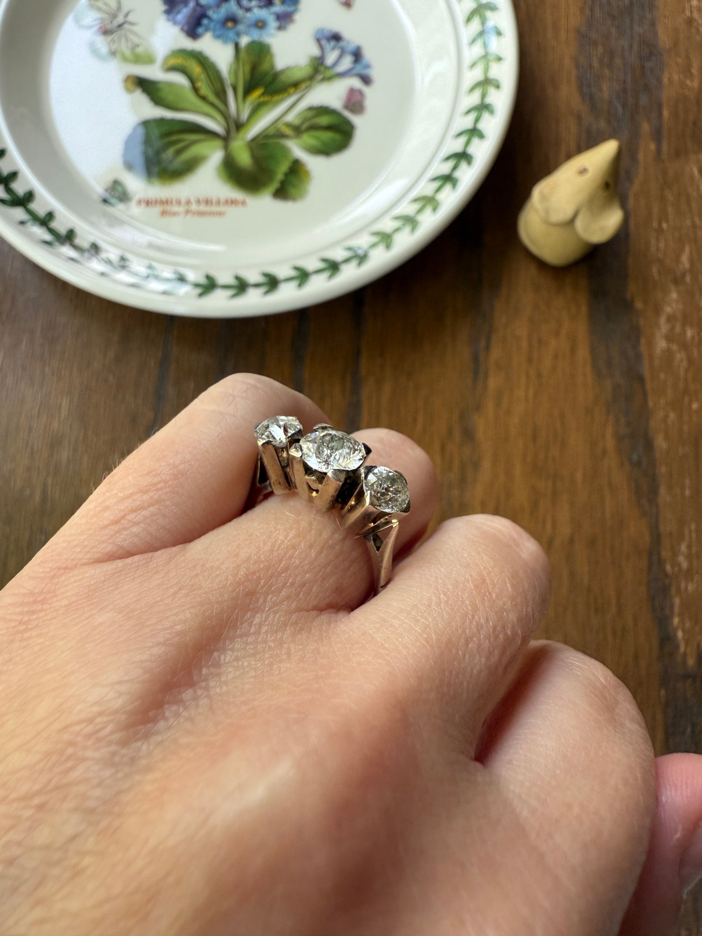 TALL Antique 2 CARATS Three Stone Chunky Old Mine Cut Diamond Ring 18k White Gold Art Deco