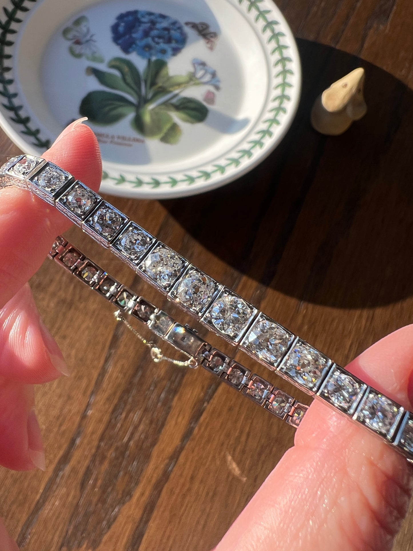 Antique 9.75 CARAT 38 Old European & Mine Cut DIAMOND Line Bracelet PLATINUM 18k White Gold French Geometric Engraved Tennis