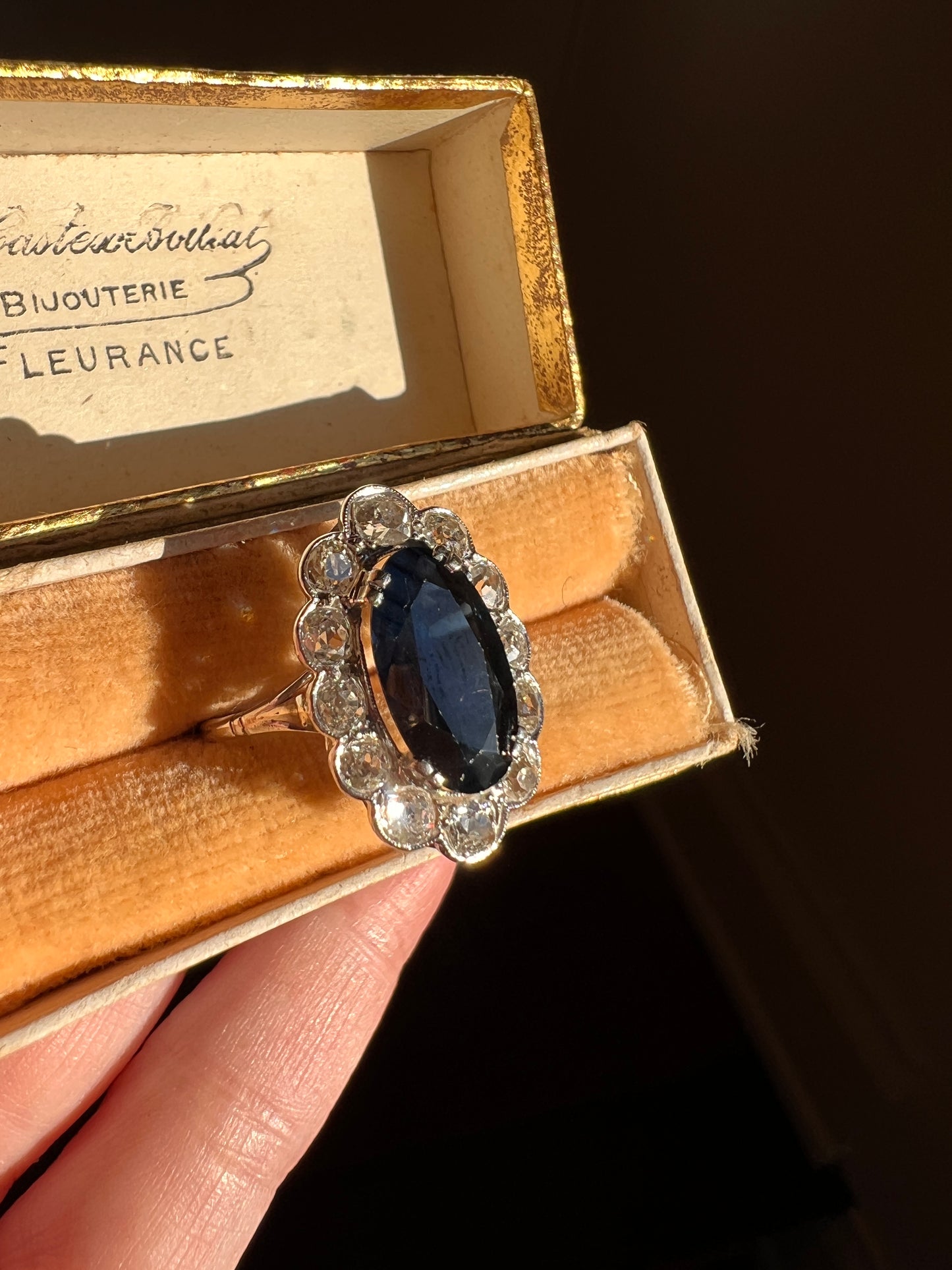 French Antique 18k White Gold PLATINUM 3Ct Natural SAPPHIRE 1.2Ctw Old Mine Cut DIAMOND Halo Ring Cluster