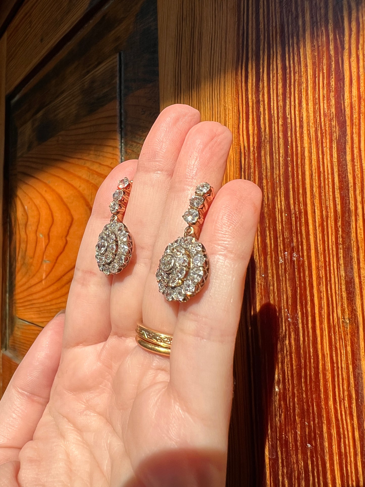 XL Antique 4 1/3 Carat Old Mine DIAMOND Cluster Dangle Earrings 18k Gold ViCTORIAN Bullseye Halo Drops