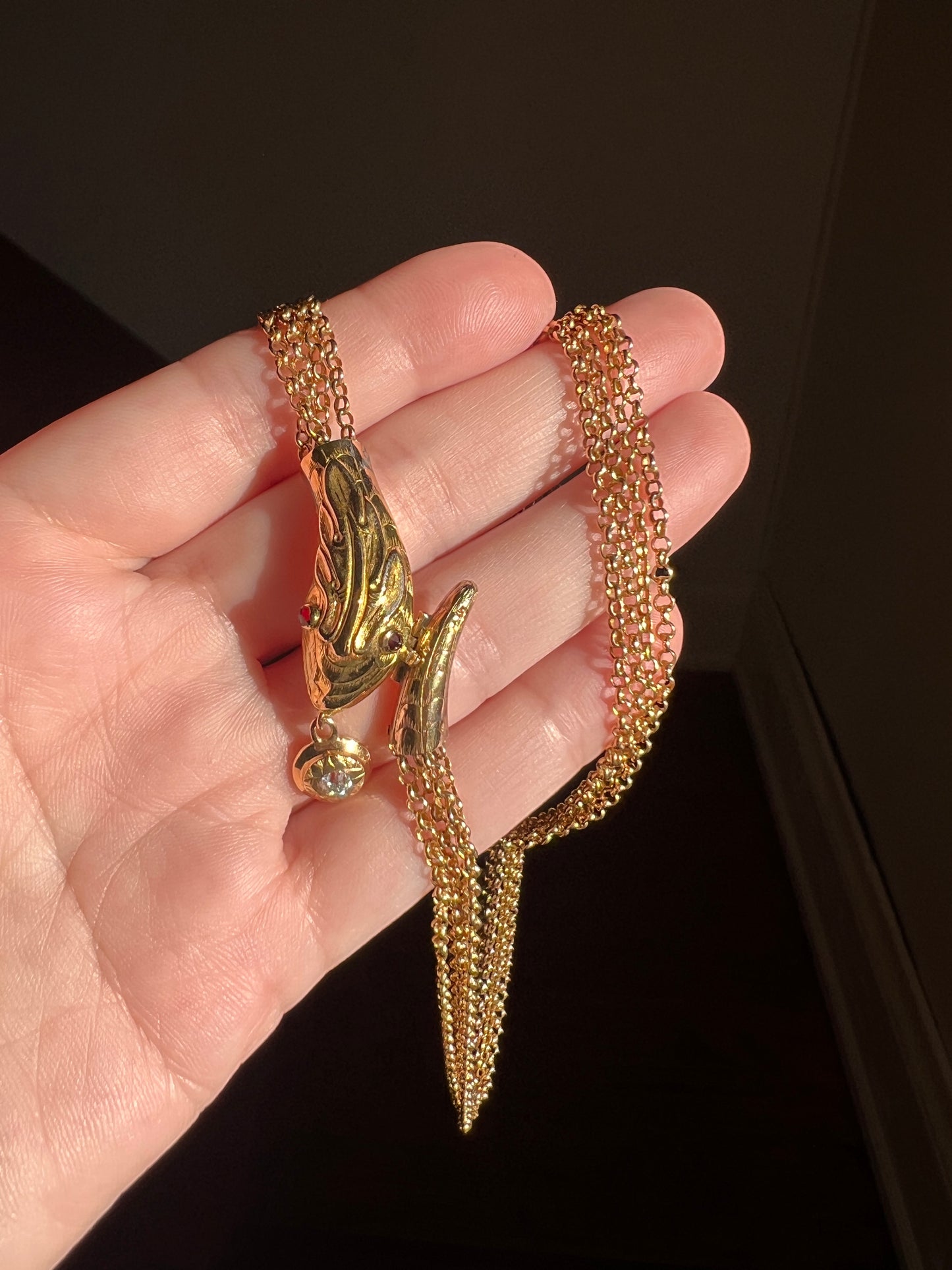 SNAKE Georgian Antique Old Mine Cut DIAMOND Four Multi Strand Cable Chain NECKLACE 18k Gold Figural Serpent Garnet Eyes