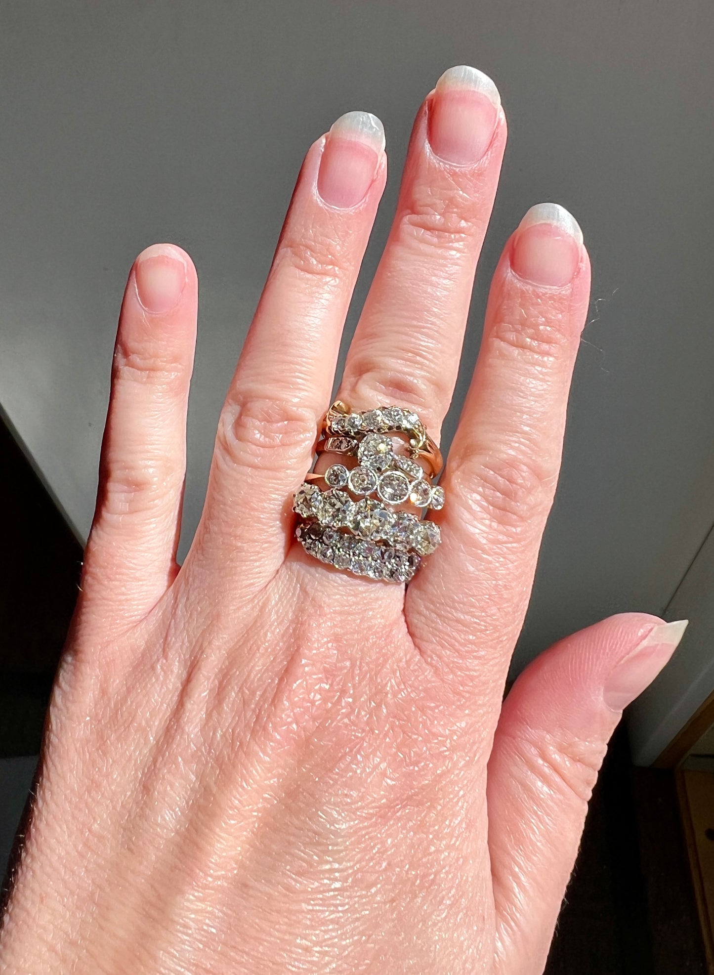 Antique One Carat Champagne White Old Mine Cut DIAMOND 18k Gold Platinum Five Stone Ring Bezel Set Band