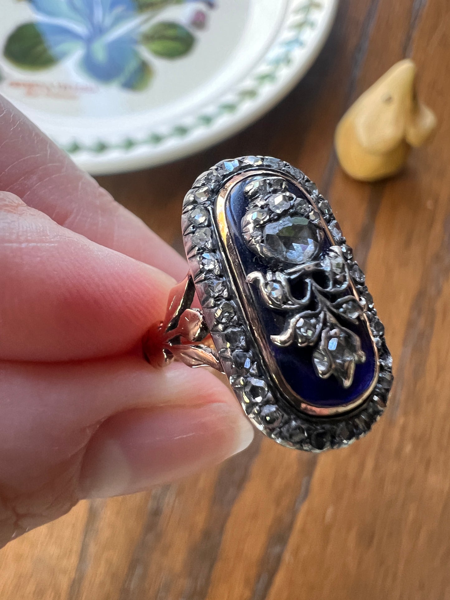 REVERSIBLE Design Flower (Flip) THISTLE Scottish Antique Blue Enamel Rose Cut Diamond Ring 14k Gold Engraved Ring Butt Georgian Era Floral