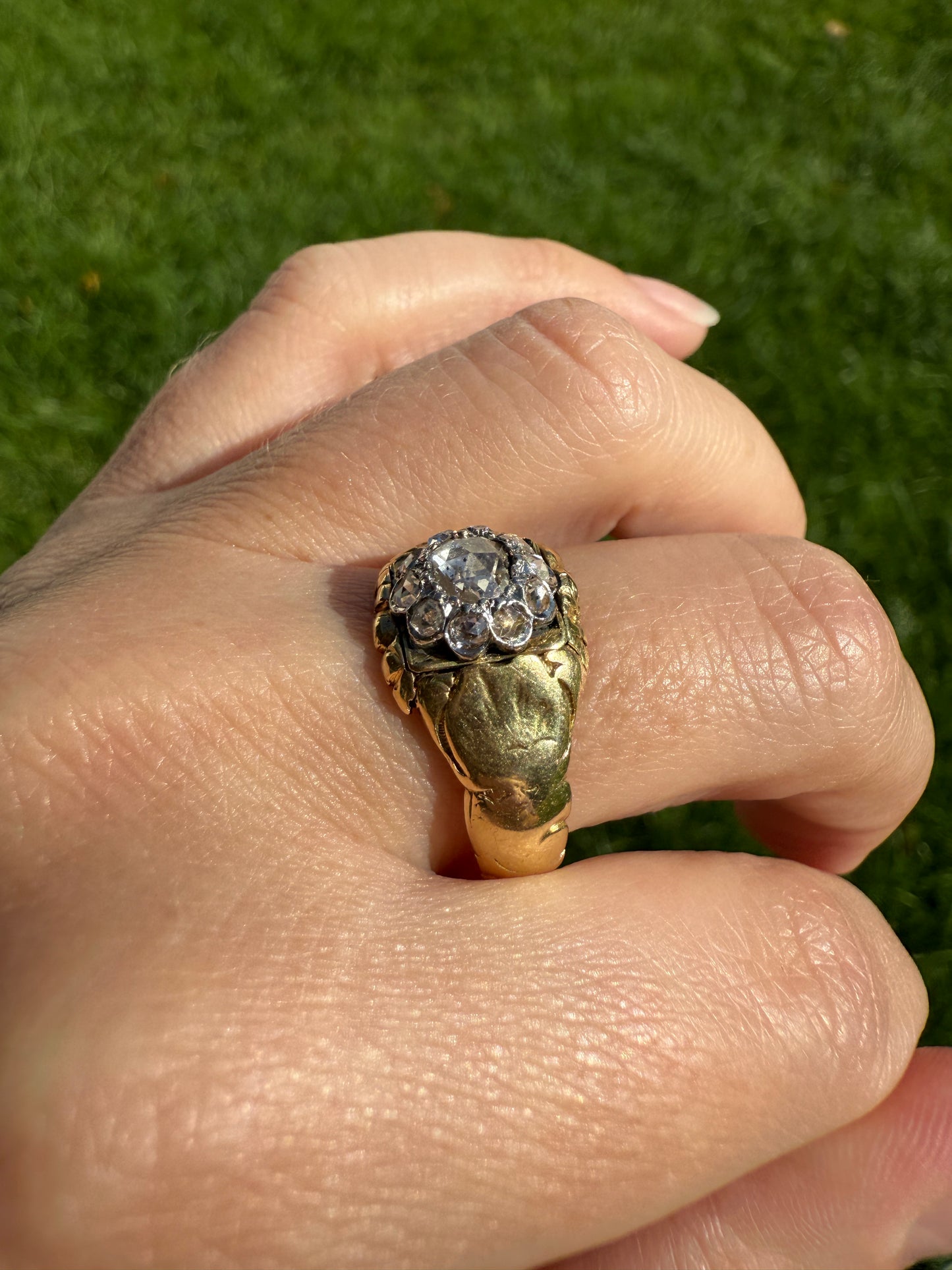 Chunky ANTIQUE Rose Cut Diamond Daisy Cluster Wide Band Heavy 18k Gold Gypsy Georgian Victorian Signet Man or Unisex Face Up 1 Carat Pink
