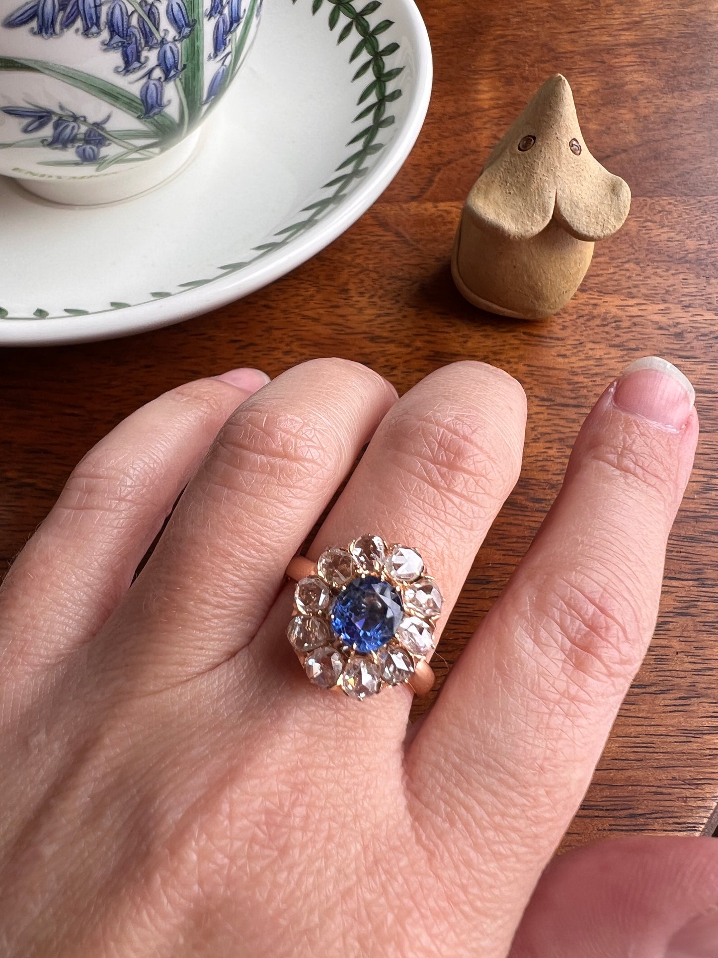 Natural Cornflower SAPPHIRE 1 Carat 10 Rose Cut Diamond Halo Ring 18k Gold Engraved Dated Wedding Band Antique Cluster