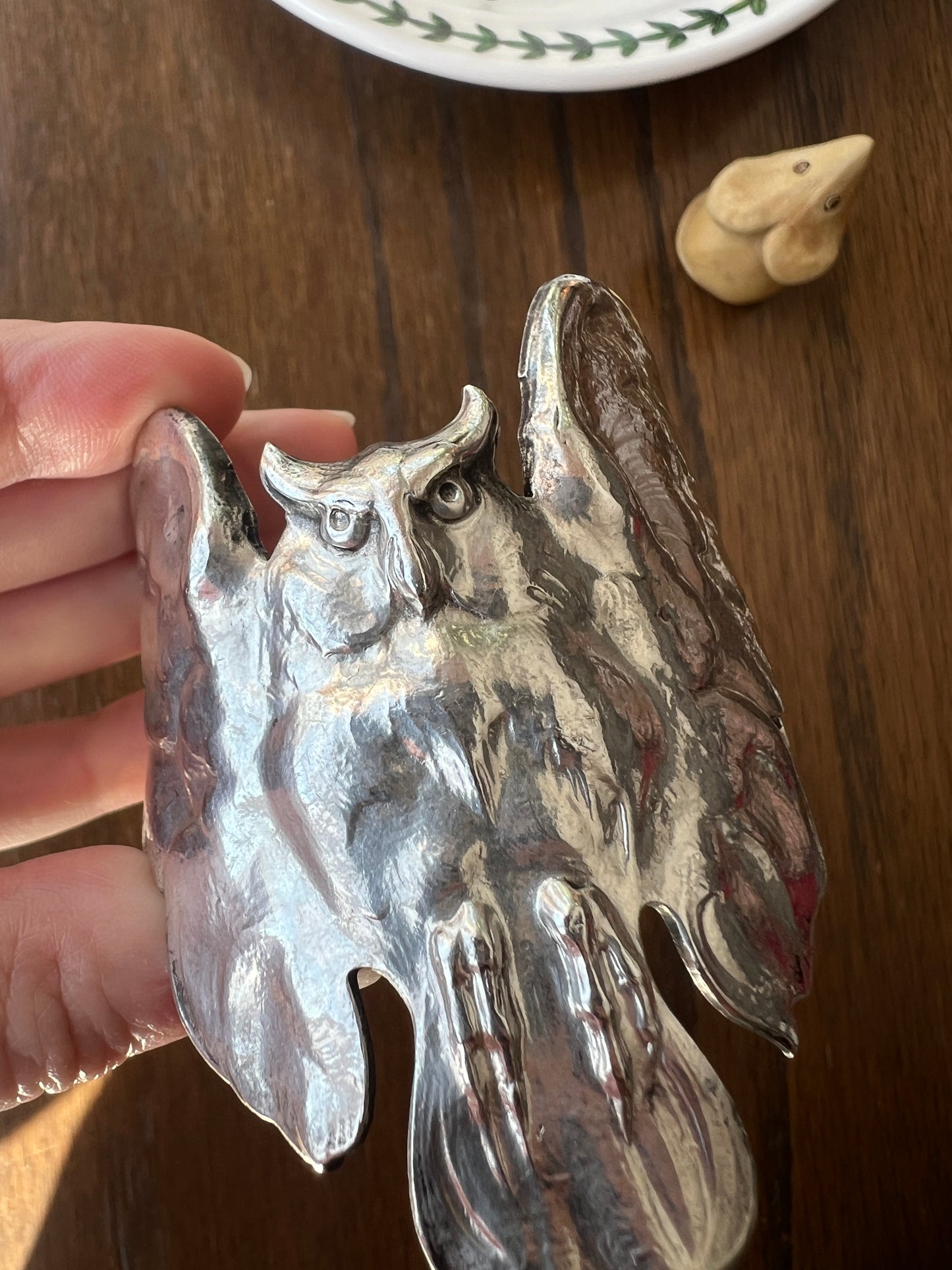 OWL French Antique Silver Plate Figural Cuff Bracelet LARGE Art Nouveau Unique Bangle Lifelike Sculpted Design Statement Piece Wisdom Wise