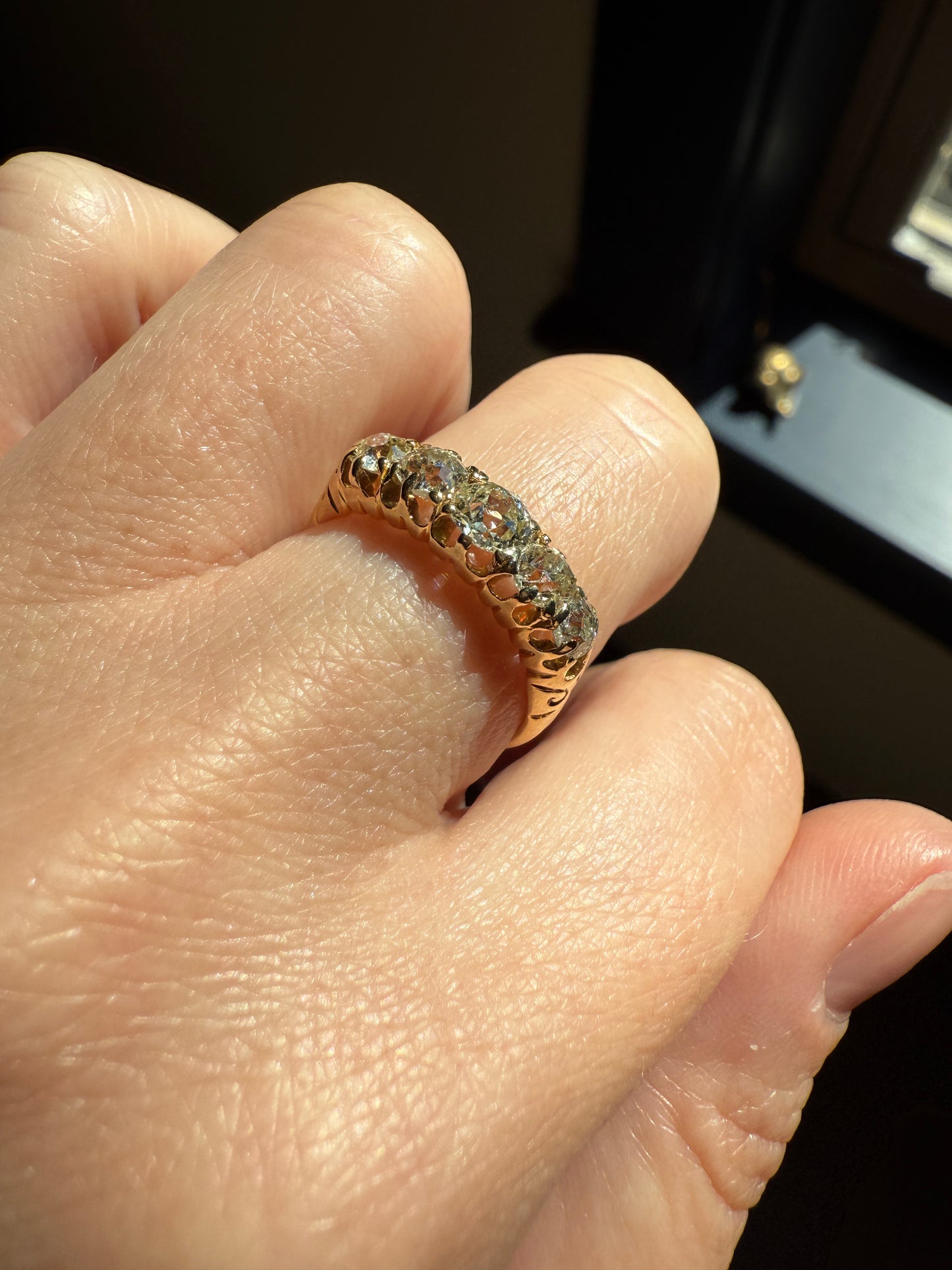 Antique 1.5 Carat Old Mine Cut DIAMOND 5 Five Stone Band Ring 18k Gold Scrolled Victorian c1888