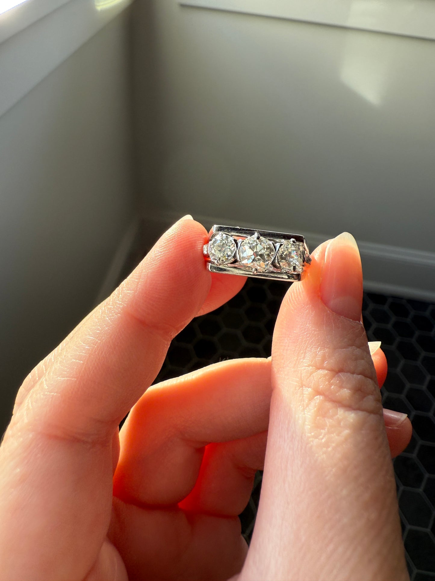 Three Stone Antique 1.75 Carat Old Mine Cut DIAMOND Chunky Tank Geometric Wrap Ring 14k White Gold Platinum Squared Band Stacker