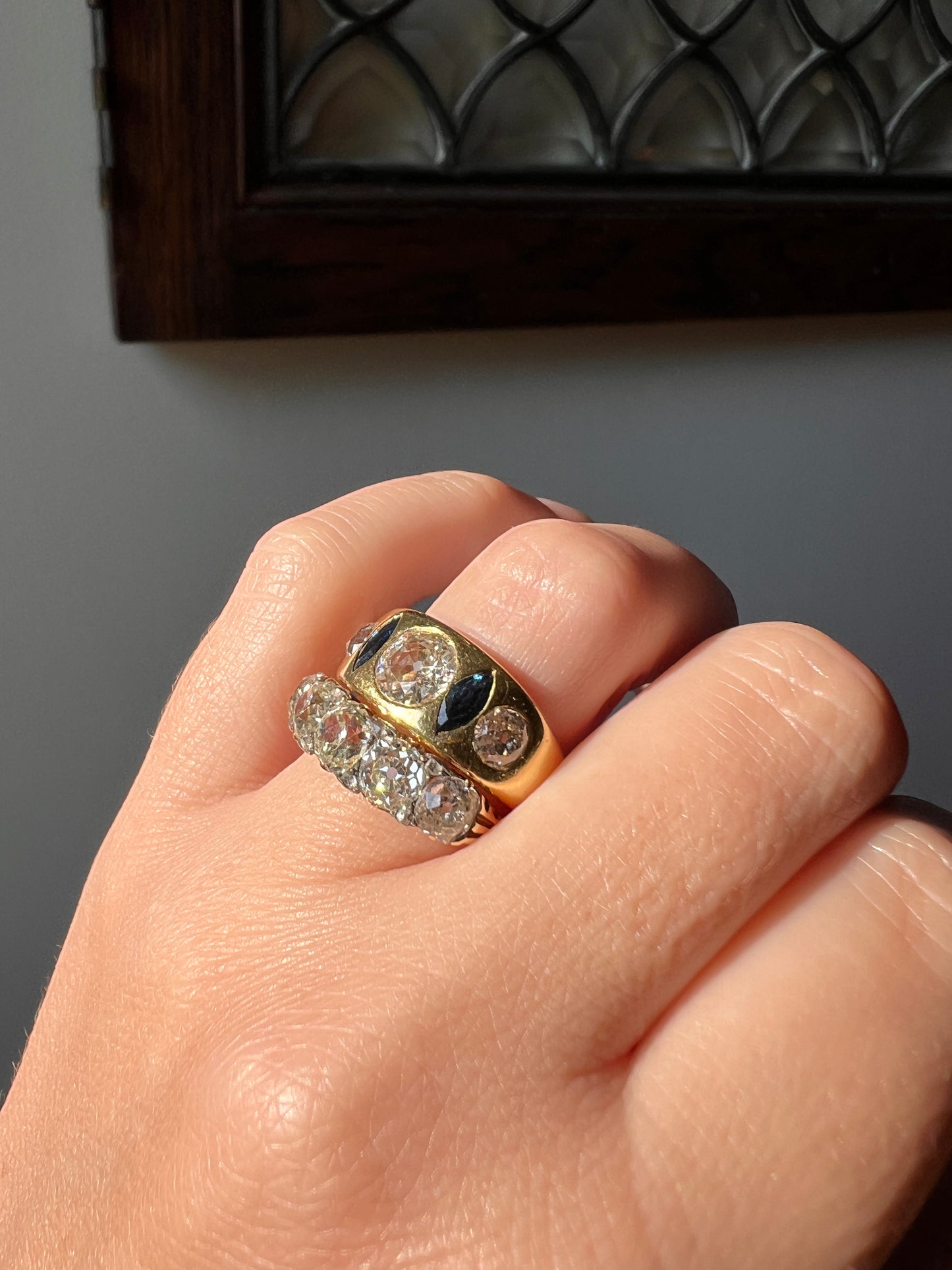 Chunky 1.5 Carat Tdw Old Mine Cut DIAMOND Marquise Sapphire GYPSY Ring Blue Wide Band Antique Heavy 9g 18k Gold