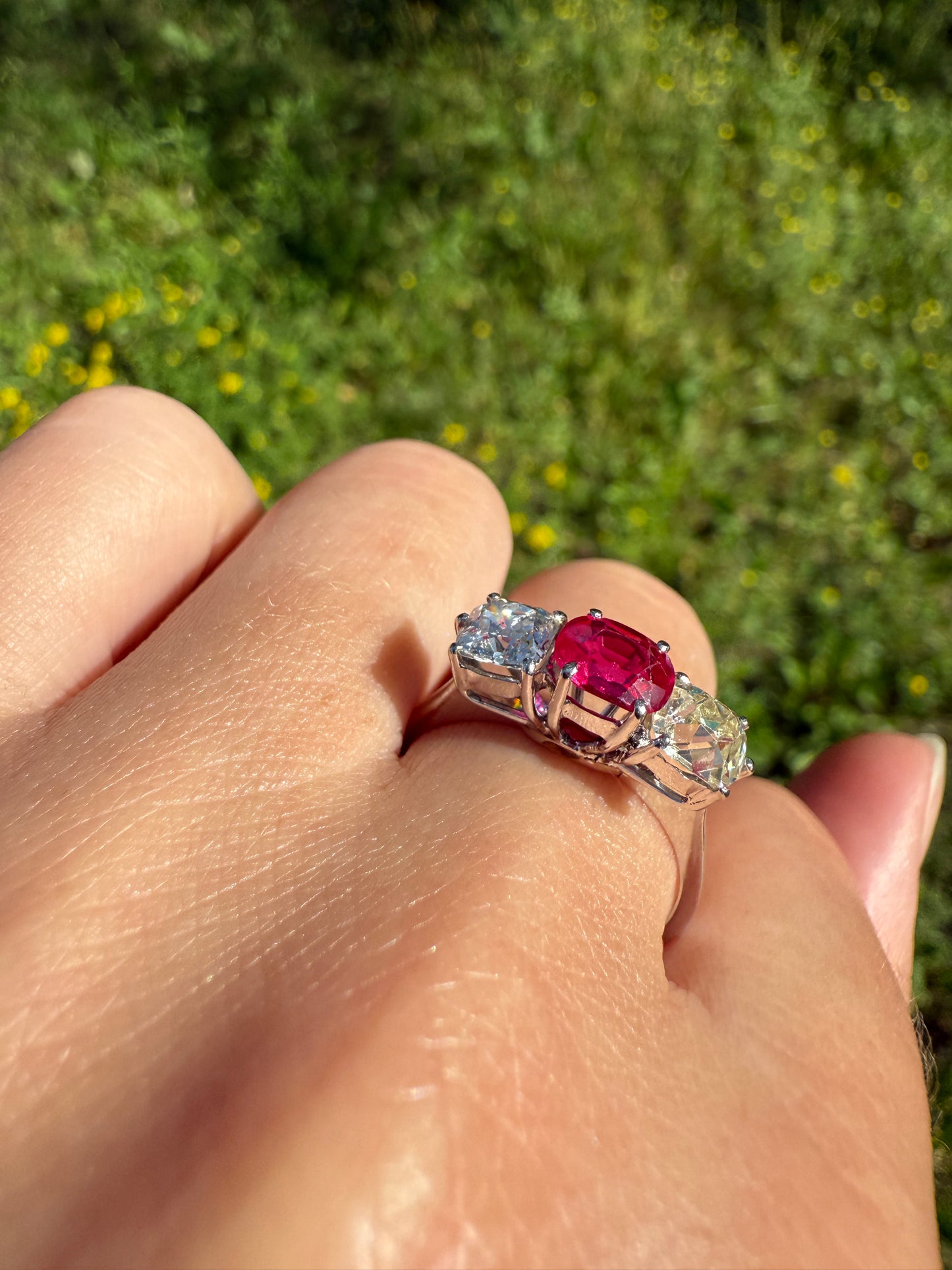 TALL Three Stone Square Old Mine Cut DIAMOND Natural Ruby 18k White Gold Ring Unique Stacker Setting Stackable Pinkish Red