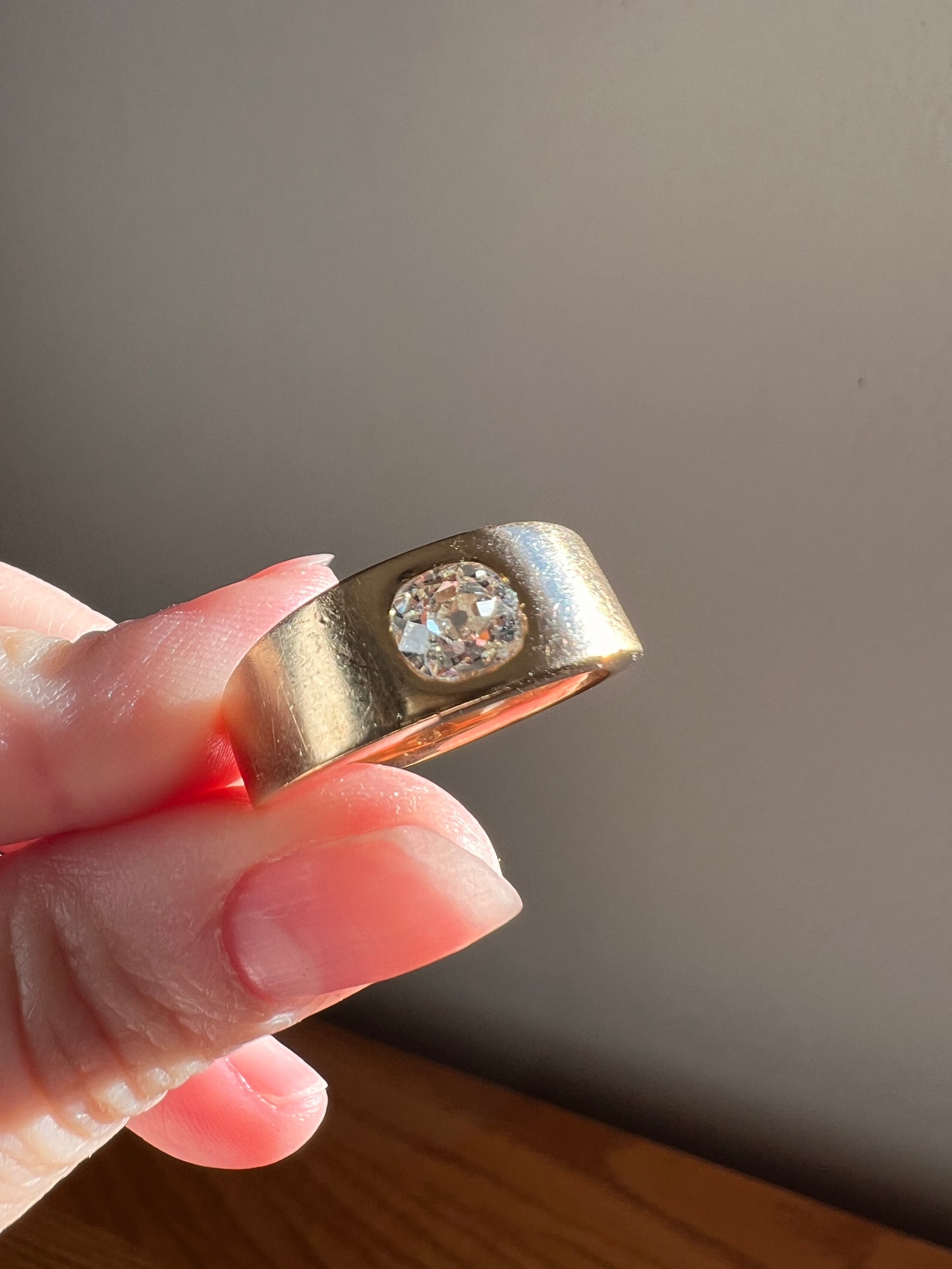 HEAVY .8 Carat Antique Eye Clean Old Mine Cut DIAMOND French Vintage 13g 18k Gold Gypsy Band Ring Solitaire Gift Stacker Chunky Unisex Man